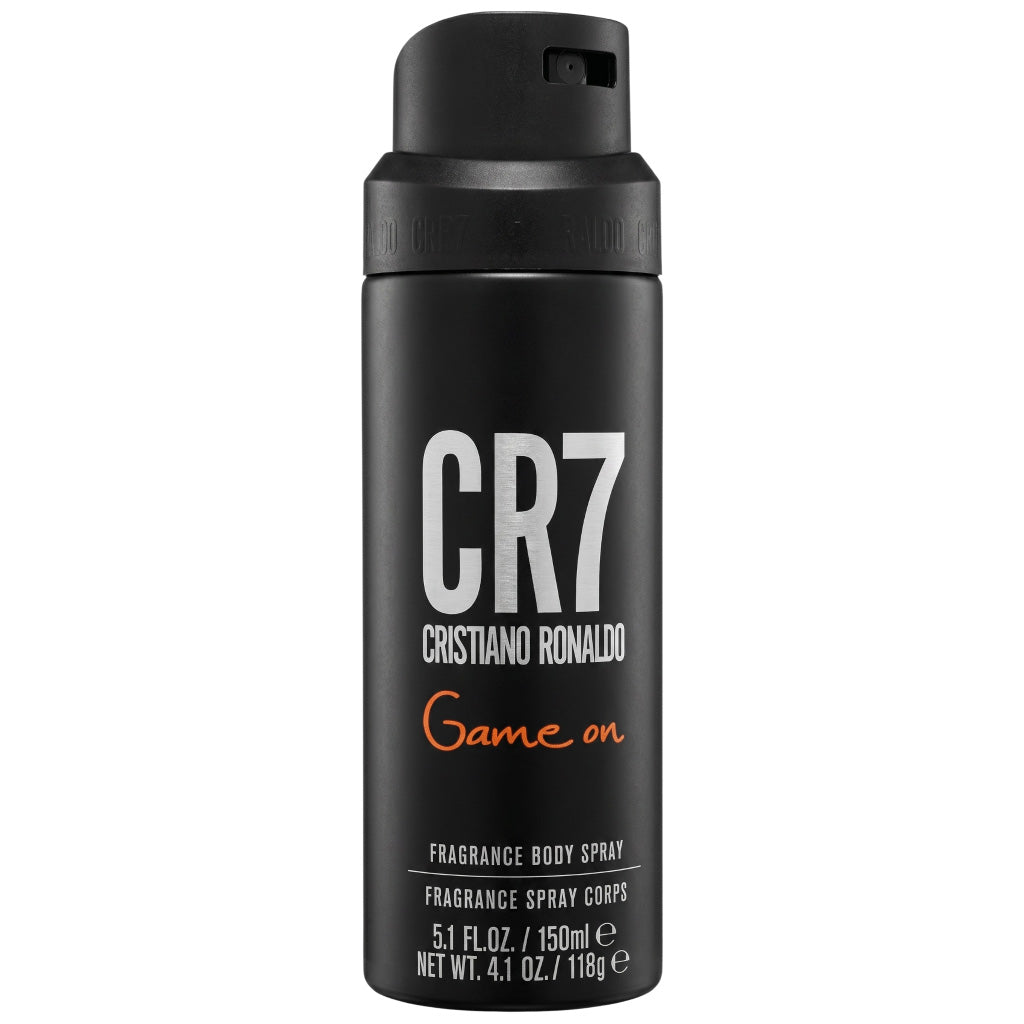 Black body spray bottle with 'CR7 Cristiano Ronaldo Game on' text on a white background