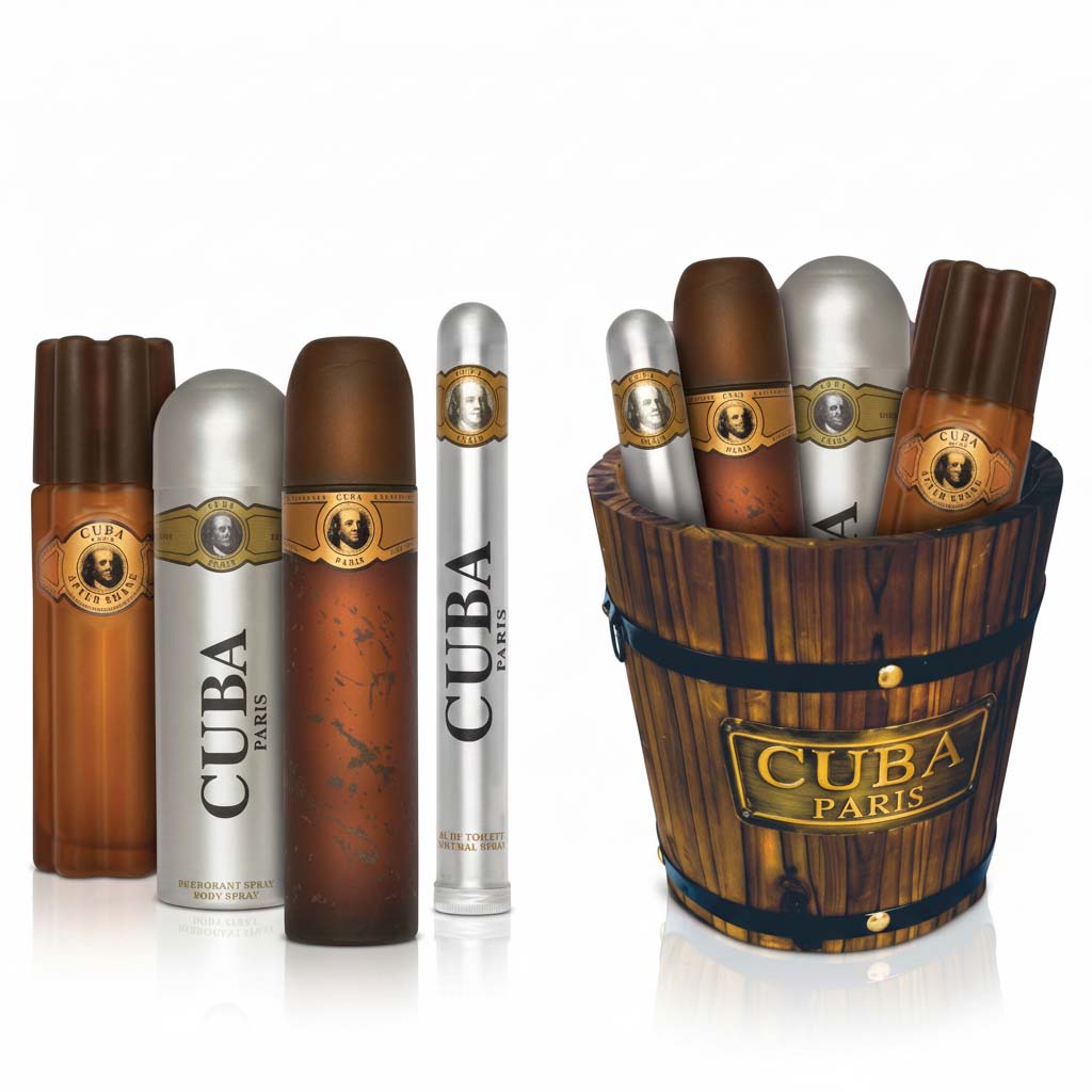 Cuba Paris cologne bottles and barrel-shaped container on a white background