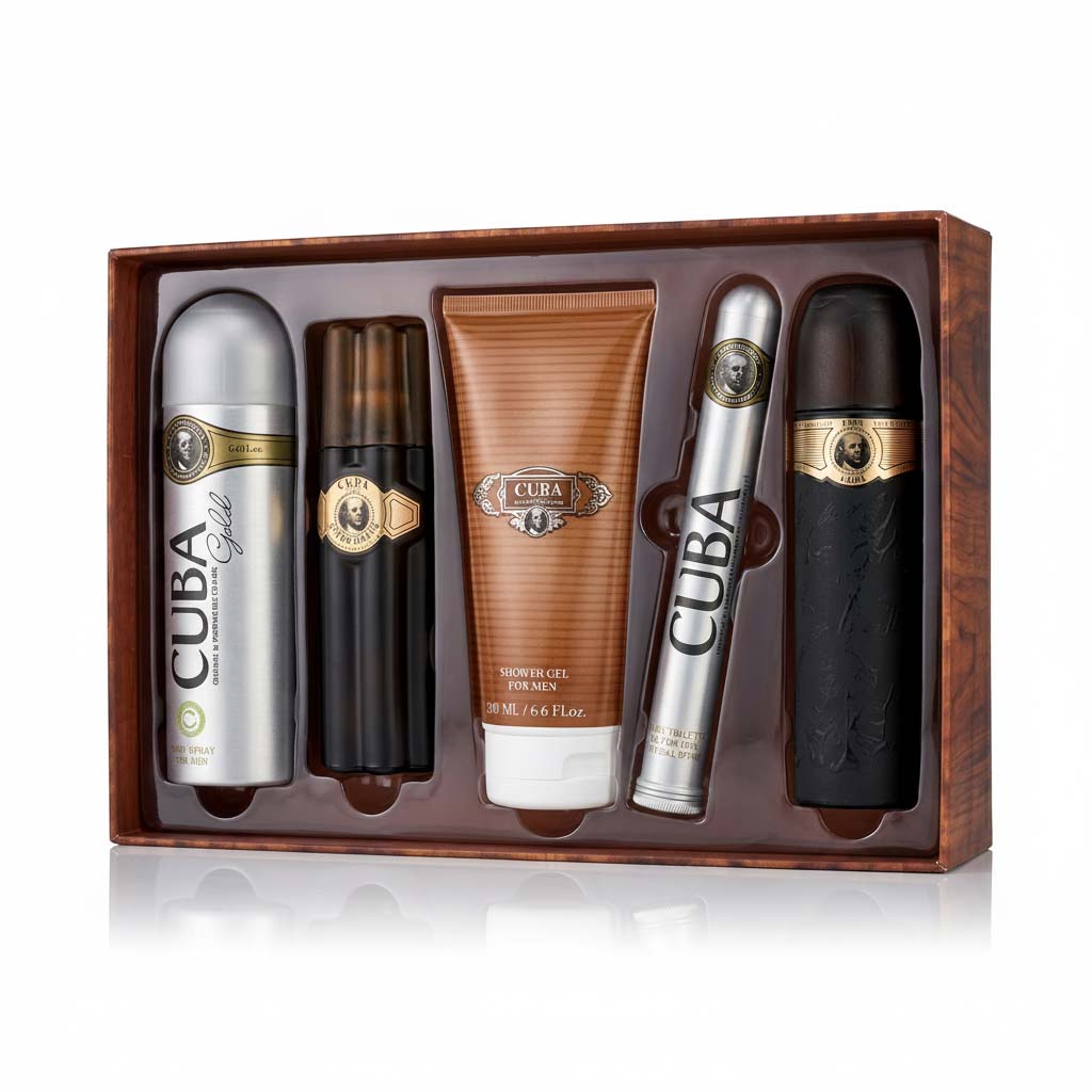 Cuba brand grooming products in a wooden box on a white background