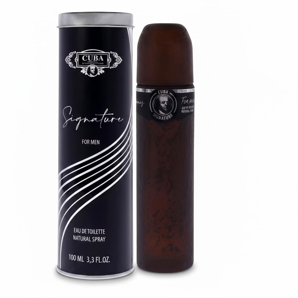 Cuba Signature for men eau de toilette spray bottle and canister on a white background