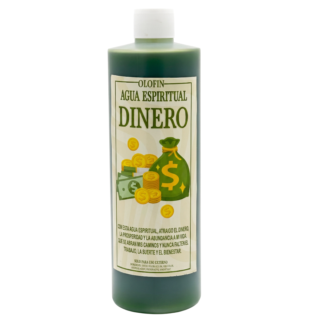 A green plastic bottle of Olofin Agua Espiritual Dinero spiritual water, featuring a cream-colored label with green and gold text and illustrations of a money bag and coins.