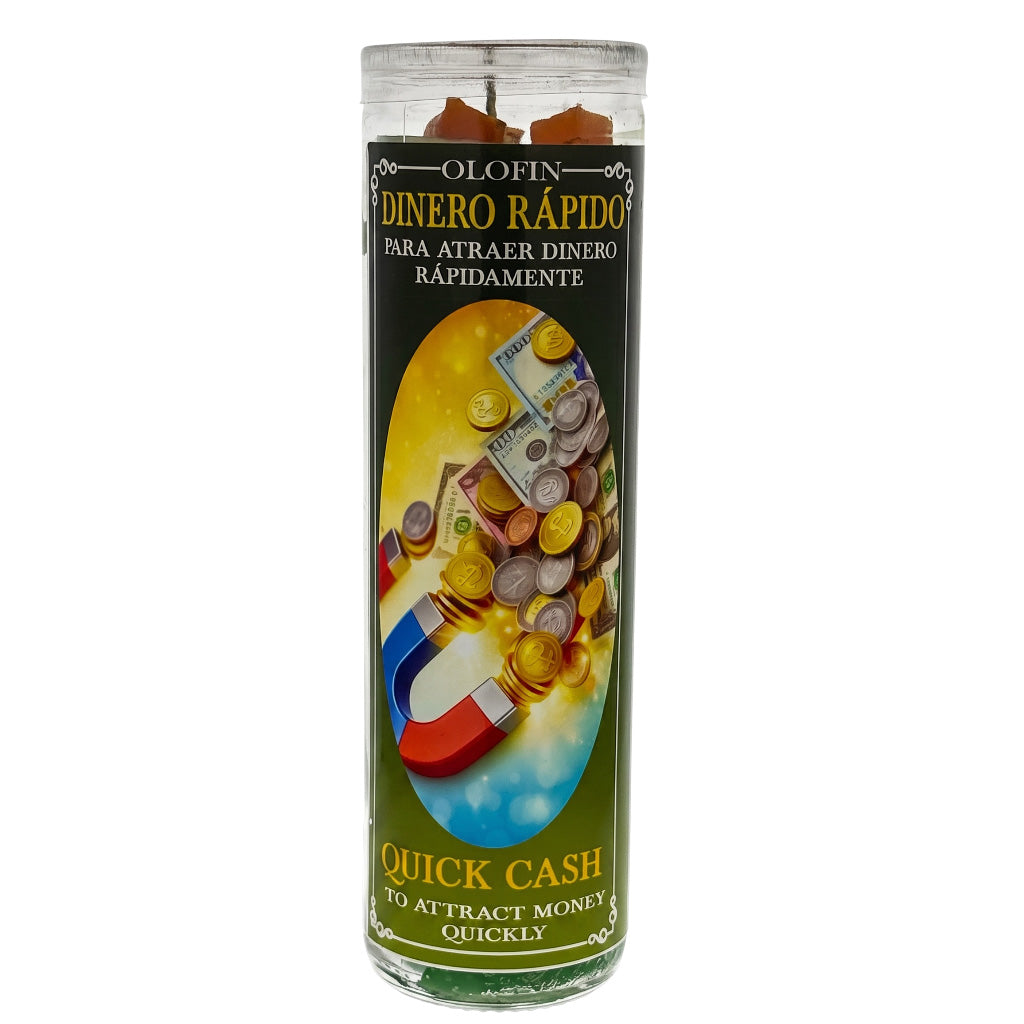 A tall glass jar candle with a clear lid and a printed label reading 'Olofin Dinero Rápido' and 'Quick Cash' on a white background.