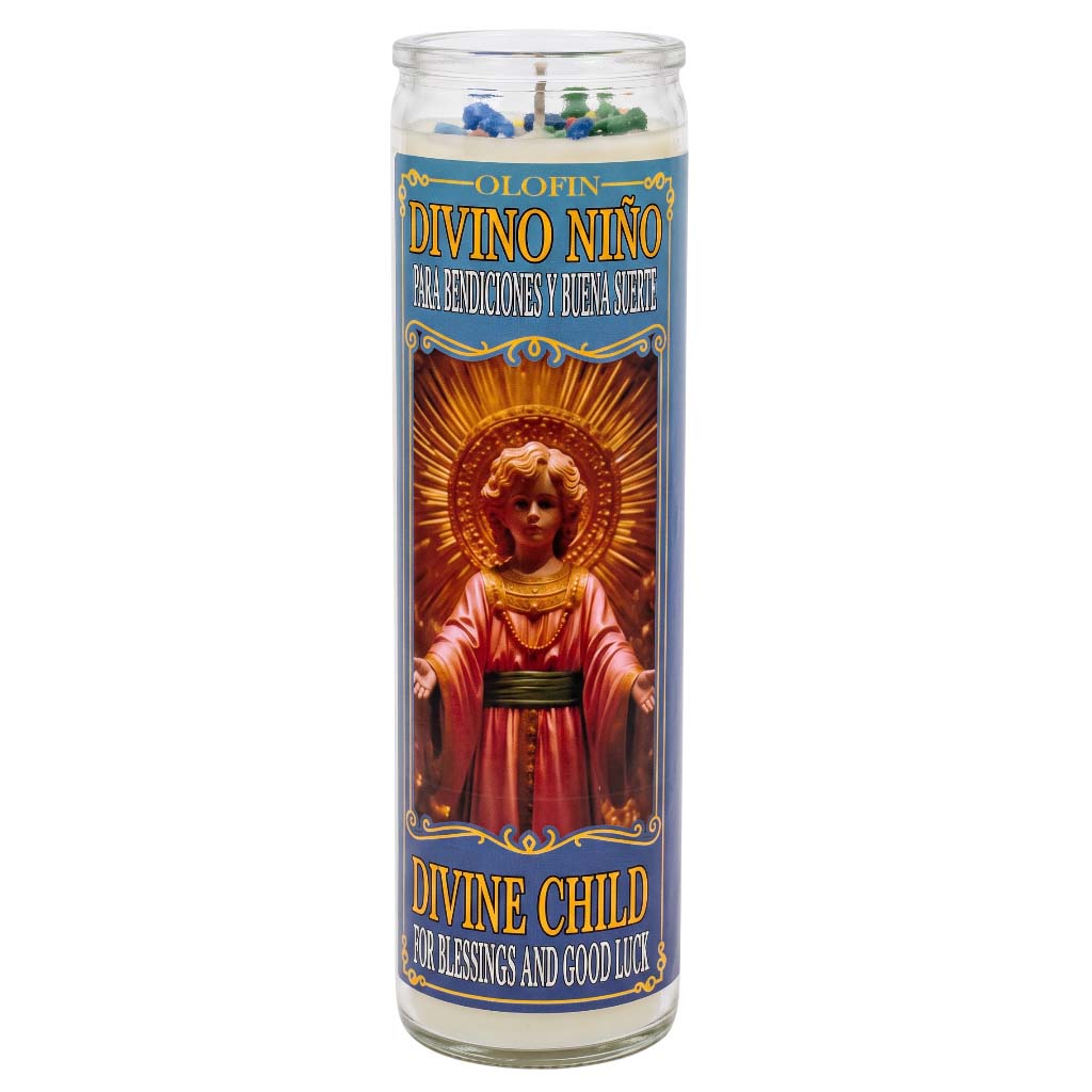 A tall glass devotional candle labeled 'Olofin Divino Niño' with a printed image of the Divine Child on the front, shown on a plain white background.