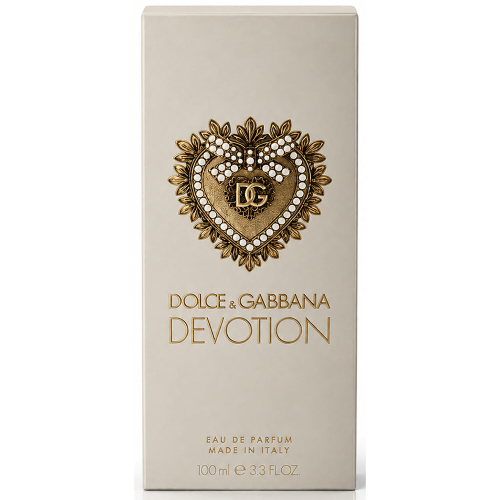 Dolce & Gabbana Devotion perfume box with decorative heart design on a white background