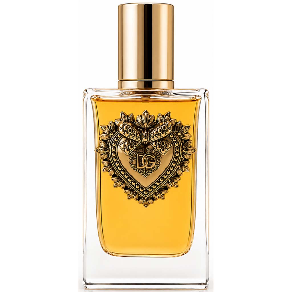 Perfume bottle with decorative heart design on a white background