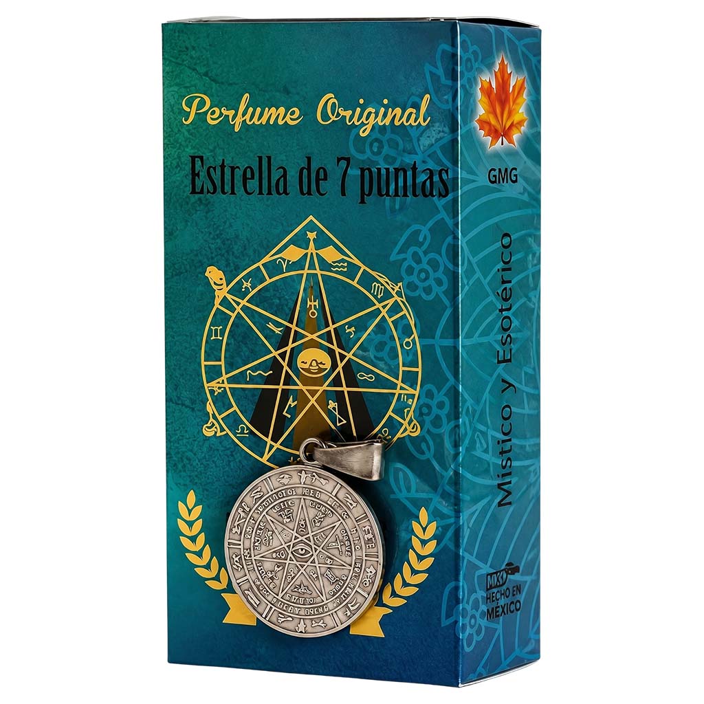 Perfume box with star design and decorative elements on a blue background