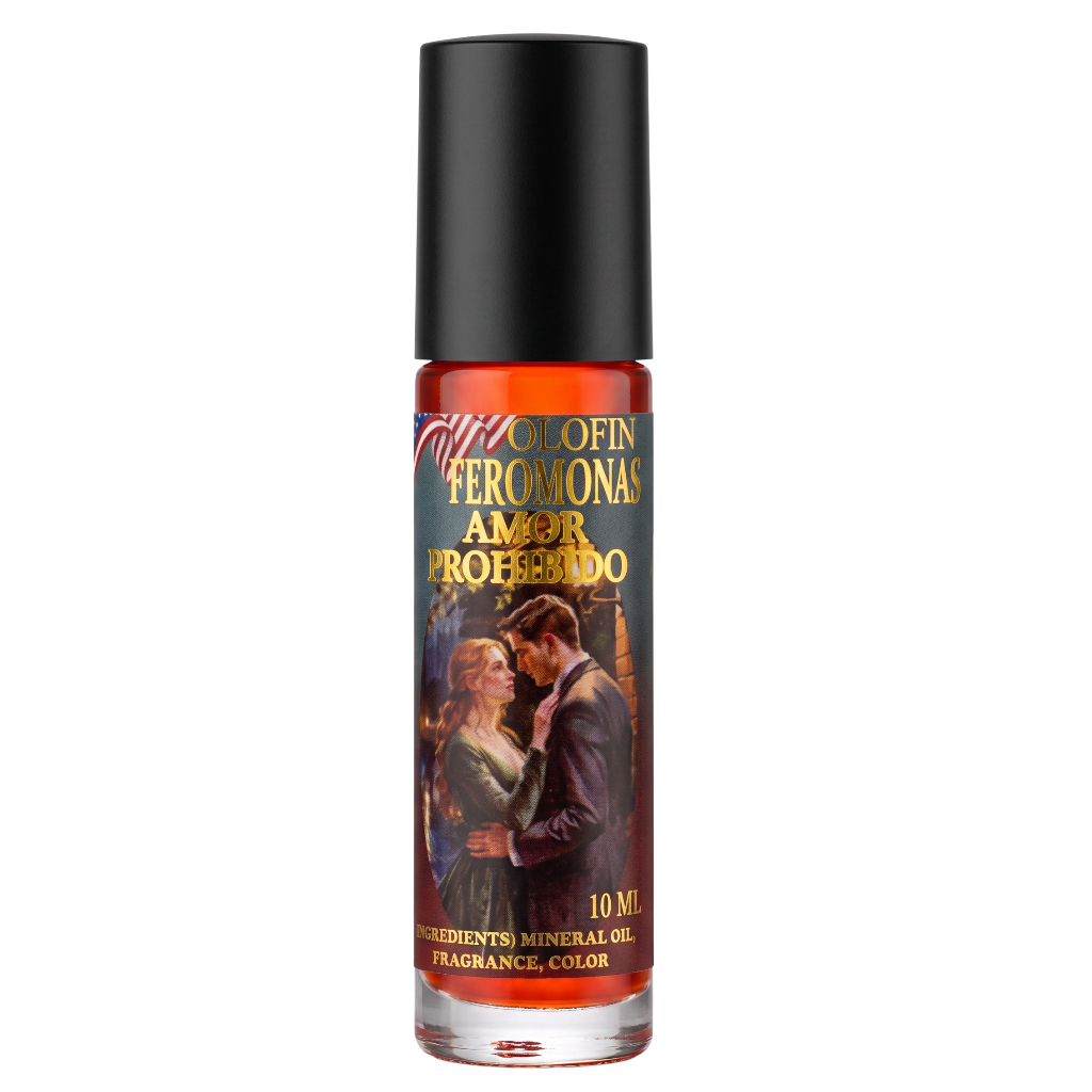 A 10 ml bottle of Colofn Feromonas Amor Profundo fragrance color, featuring a black cap and a label with a couple and gold lettering, set against a plain white background.