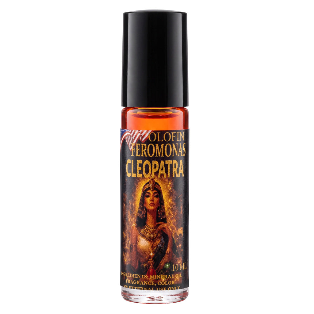 A 10 mL bottle of Cleopatra cologne fragrance oil by RuffWash, featuring a black cap and a label with an illustration of Cleopatra and fiery gold lettering, set against a plain white background.