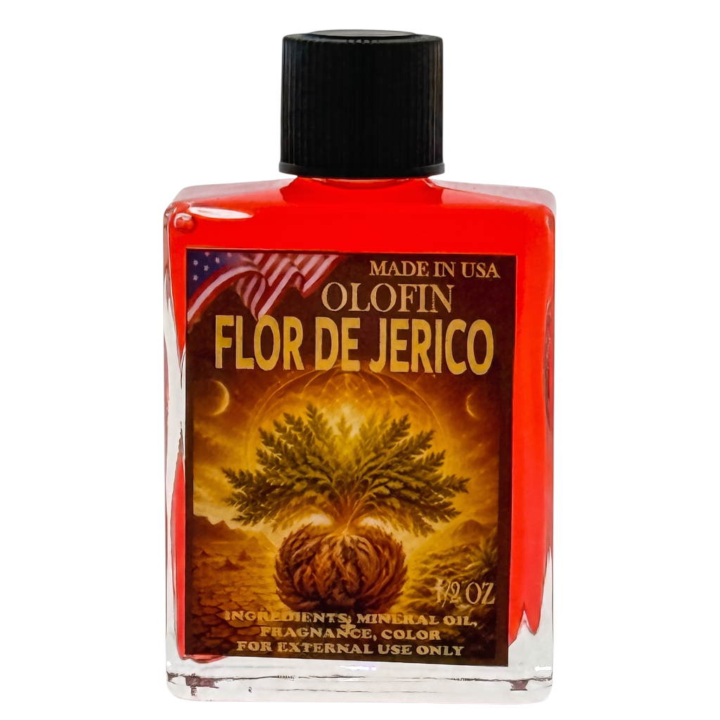 A 1.2 oz bottle of Olofin Flor de Jerico mineral oil fragrance, featuring a bright red liquid inside a clear rectangular bottle with a black cap and a detailed brown and gold label.