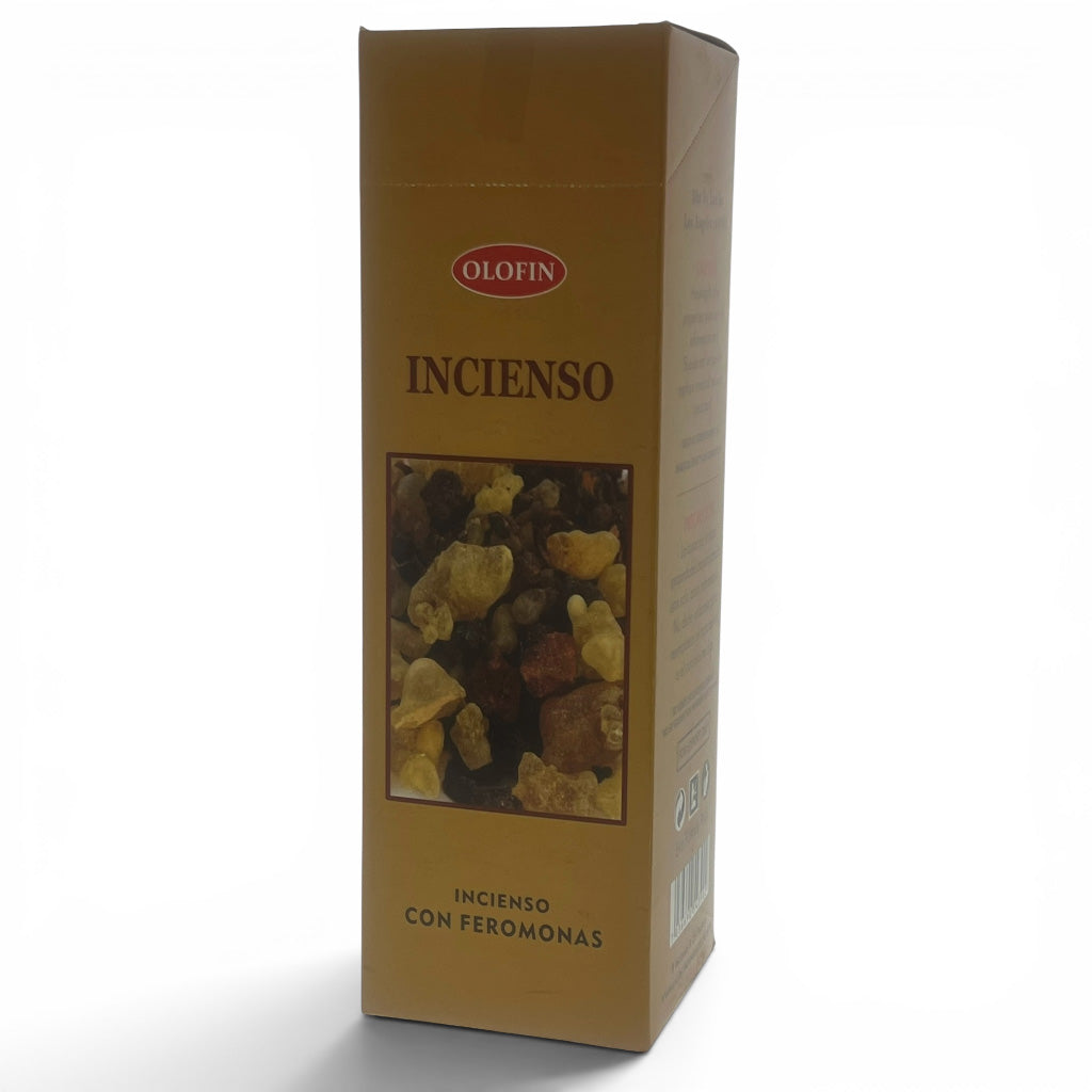 A tall rectangular box of Olofin Incienso (incense) with a metallic gold finish, featuring a photo of dried incense pieces on the front, set against a plain white background.