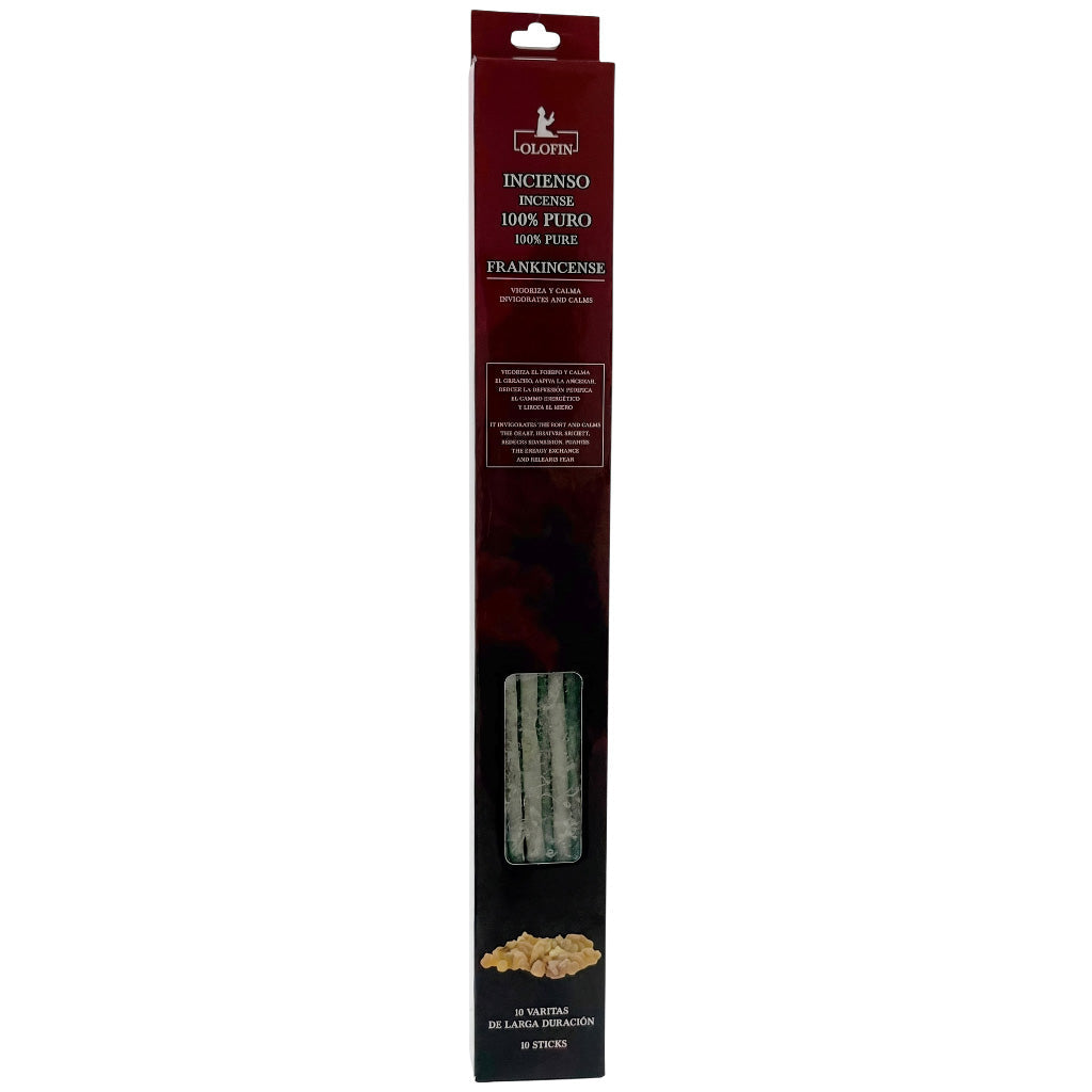 A tall, narrow retail package of incense sticks on a plain white background. The packaging is predominantly dark red and black with white text, and a small clear window near the bottom reveals the incense sticks inside.