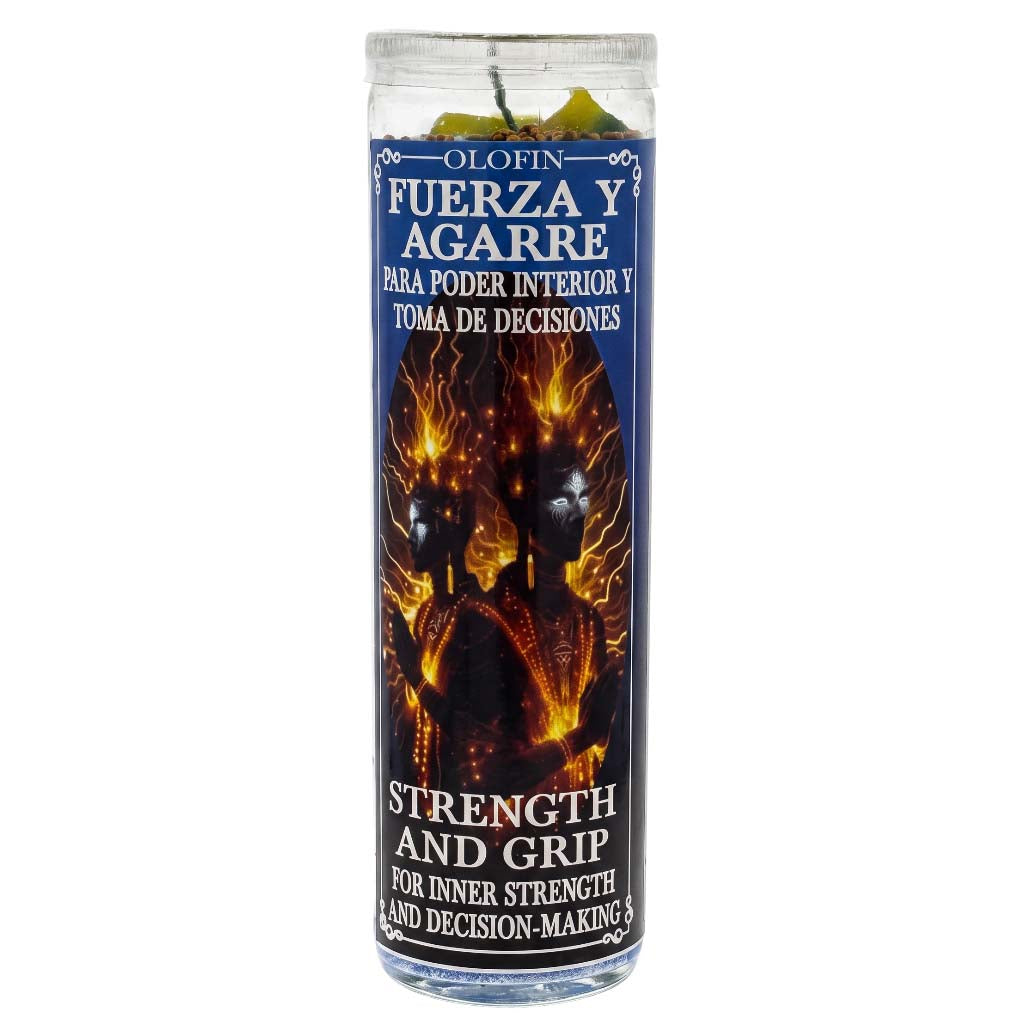 A tall glass jar candle with a blue and black label featuring fiery orange graphics and Spanish and English text reading 'Olofin Fuerza y Agarre' and 'Strength and Grip'.