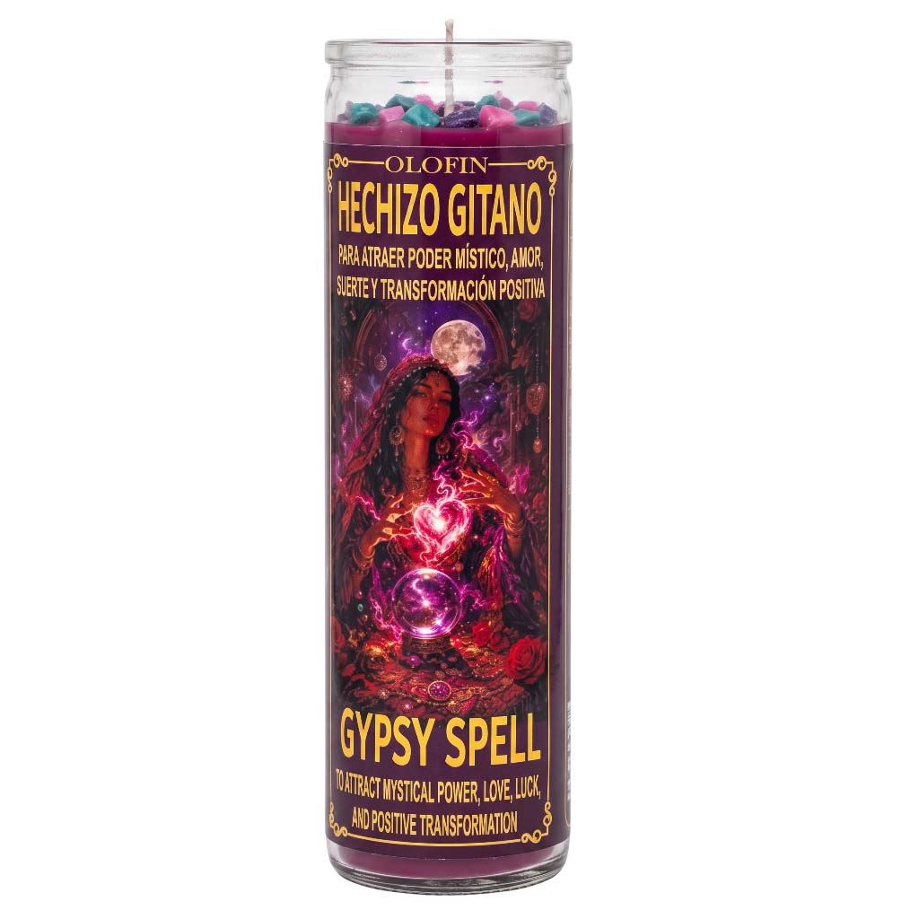 A tall glass jar candle labeled 'Orofin Hechizo Gitano Gypsy Spell' with a colorful mystical illustration on the front, shown against a plain white background.