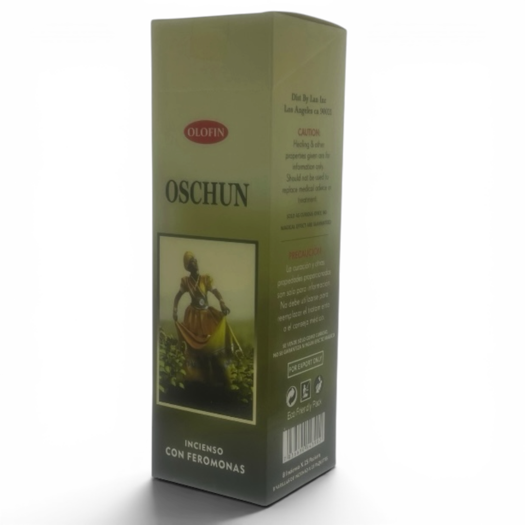 Square incense product box for Olofin Oschun incense with feromonas, shown on a plain white background. The box is olive green with black text and a small central illustration.