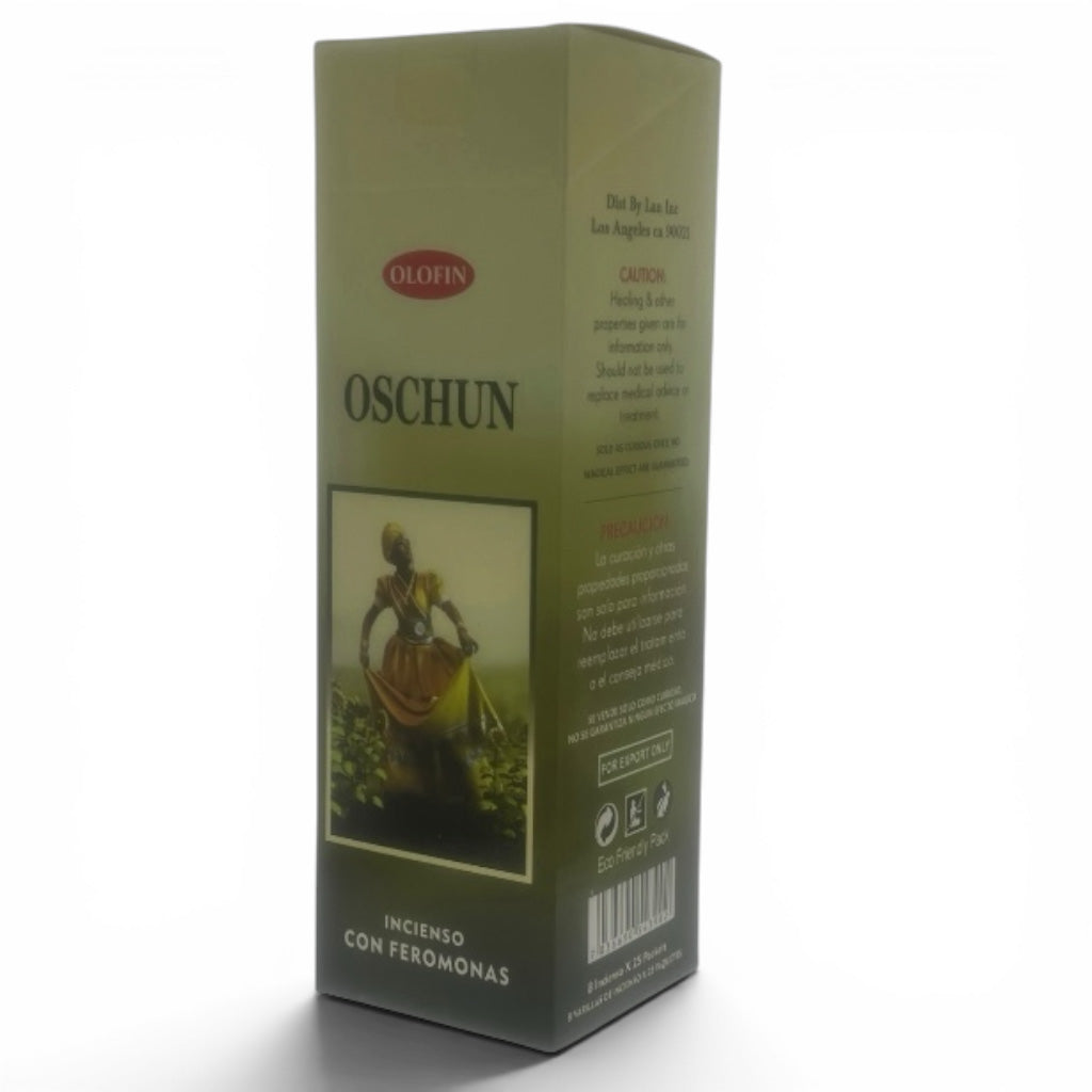 Square incense product box for Olofin Oschun incense with feromonas, shown on a plain white background. The box is olive green with black text and a small central illustration.