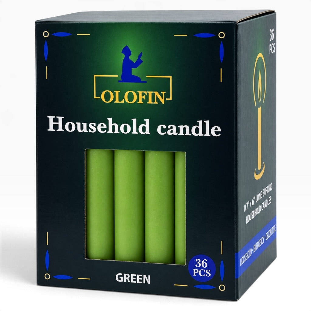 Green Olofin Household Candles 6” – 36 Count Box