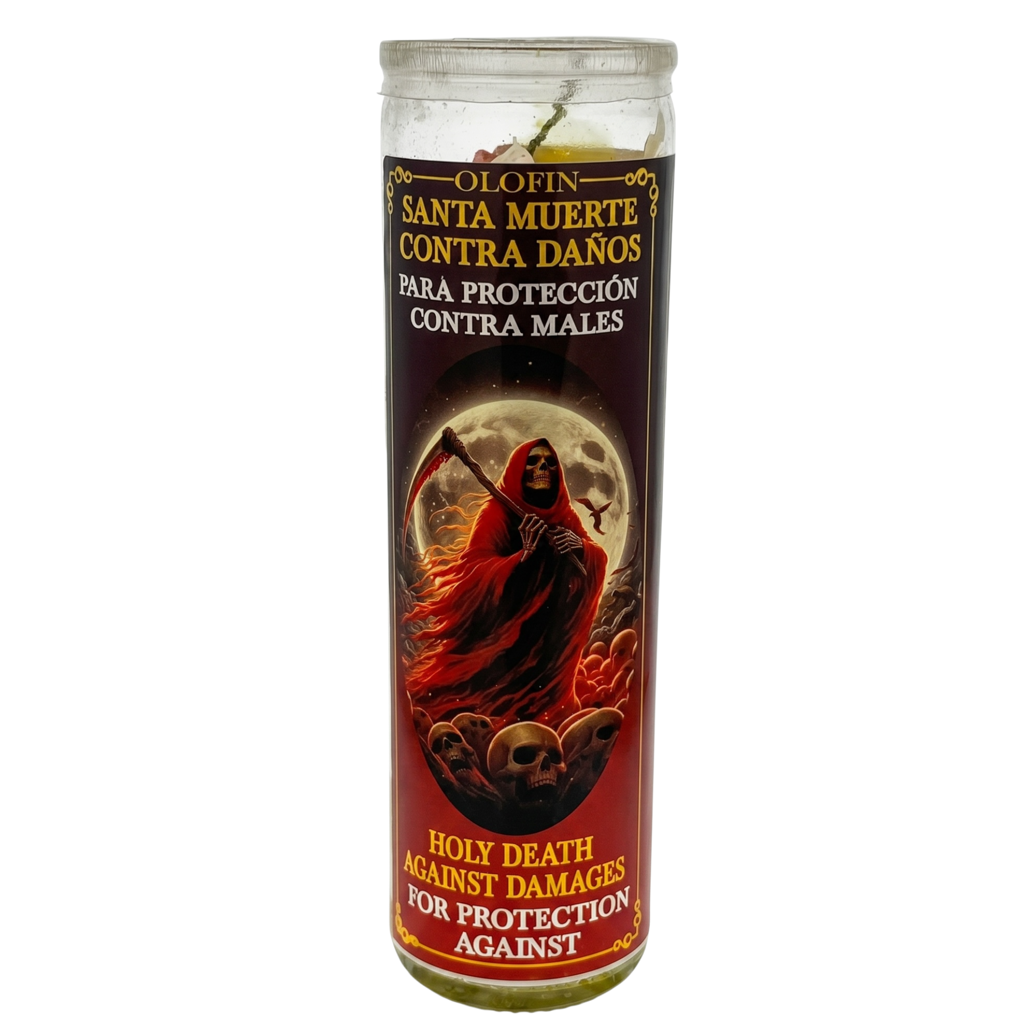 Santa Muerte Contra Danos (Holy Death Against Damages) Prepared Ritual Candle Perfumed