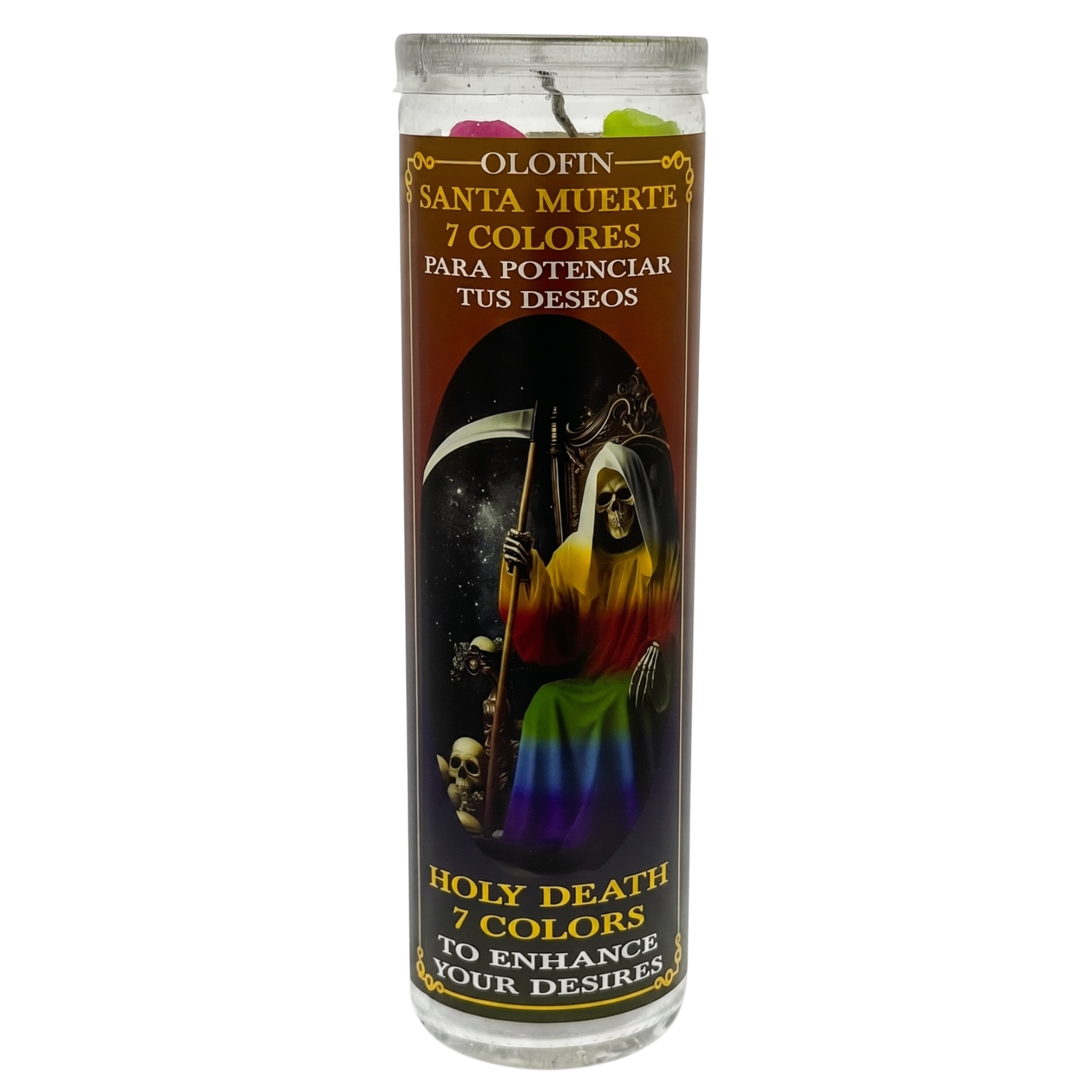 Santa Muerte 7 Colores (Holy Death 7 Colors) Prepared Ritual Candle Perfumed