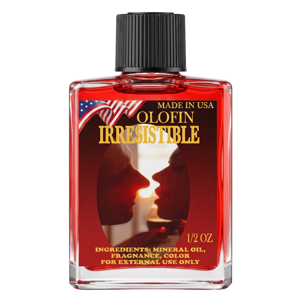 A 1/2 oz glass bottle of Olofin Irresistible fragrance oil with a black ribbed cap, featuring a red label with an American flag and a couple's faces silhouette.