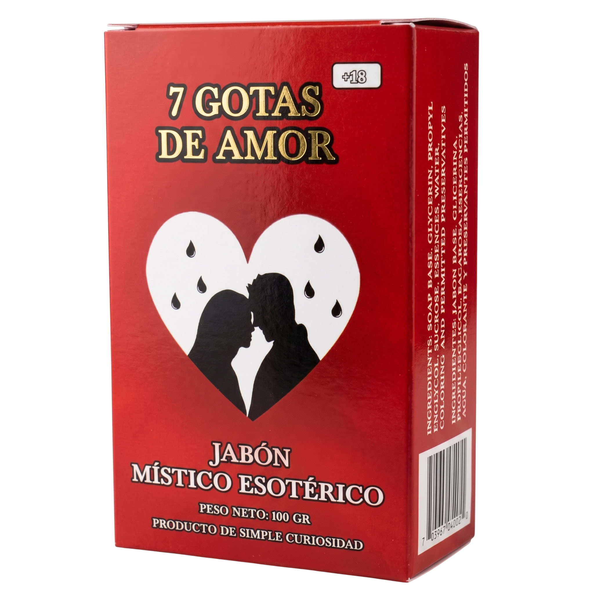 Red box of '7 Gotas de Amor' with a heart and silhouettes on a white background