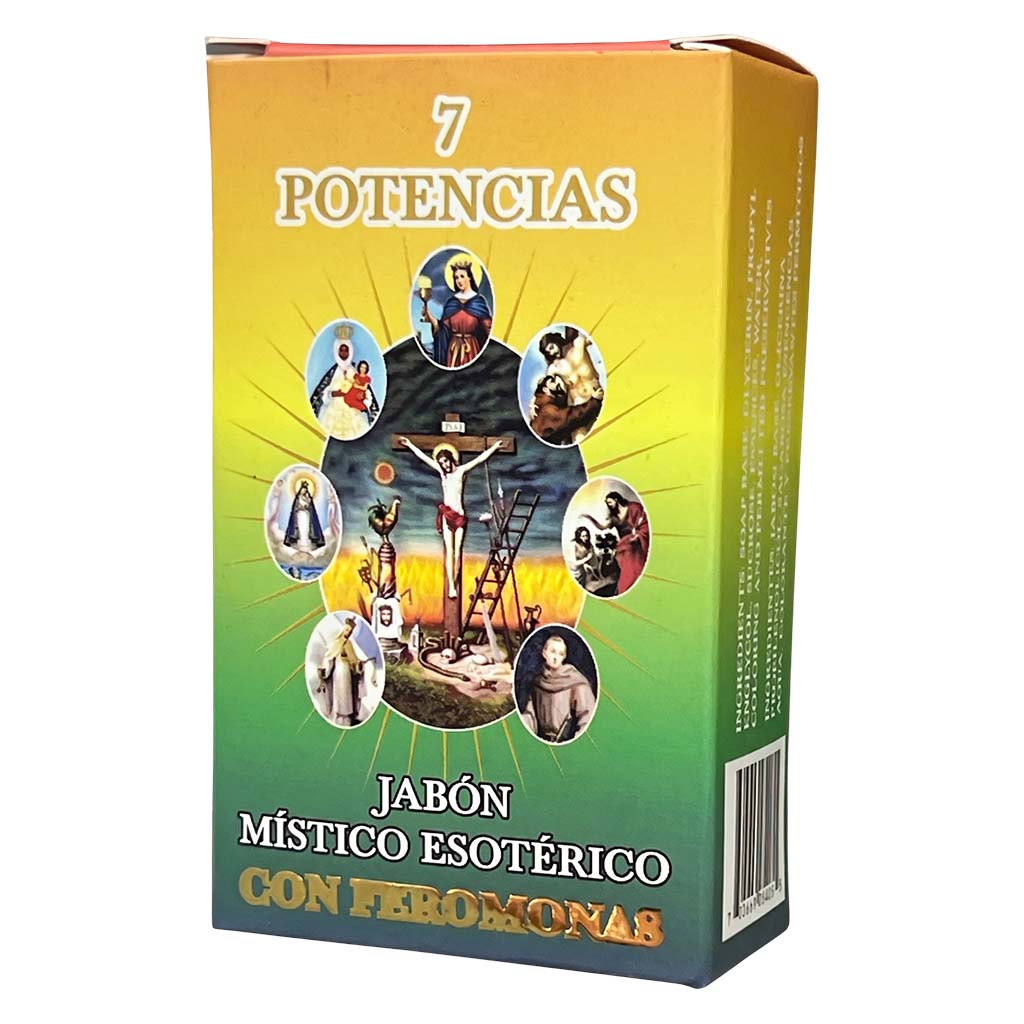 Box of '7 Potencias' mystical esoteric soap with religious imagery on a white background