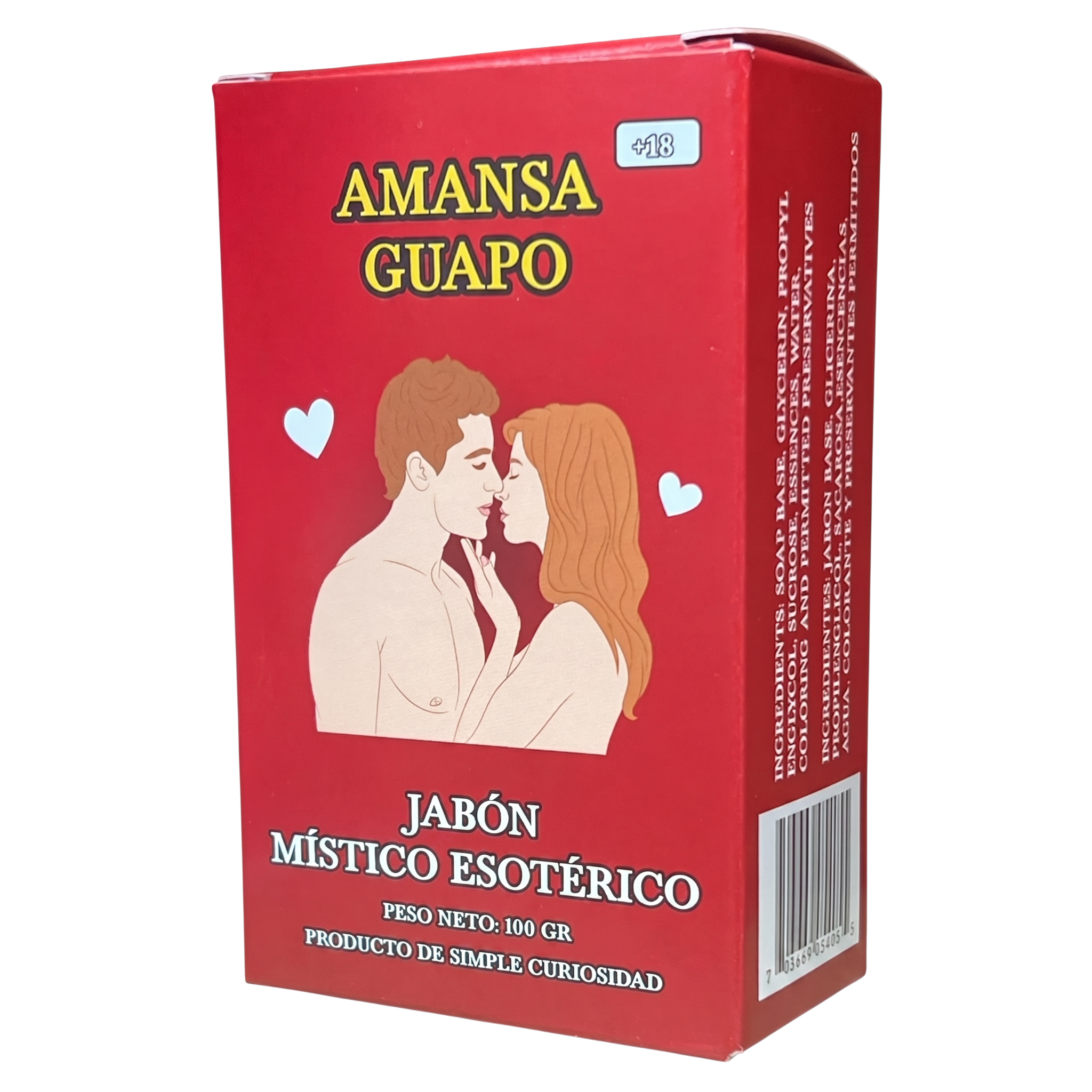 Red box of 'Amansa Guapo' with a graphic of a man and woman kissing on a white background