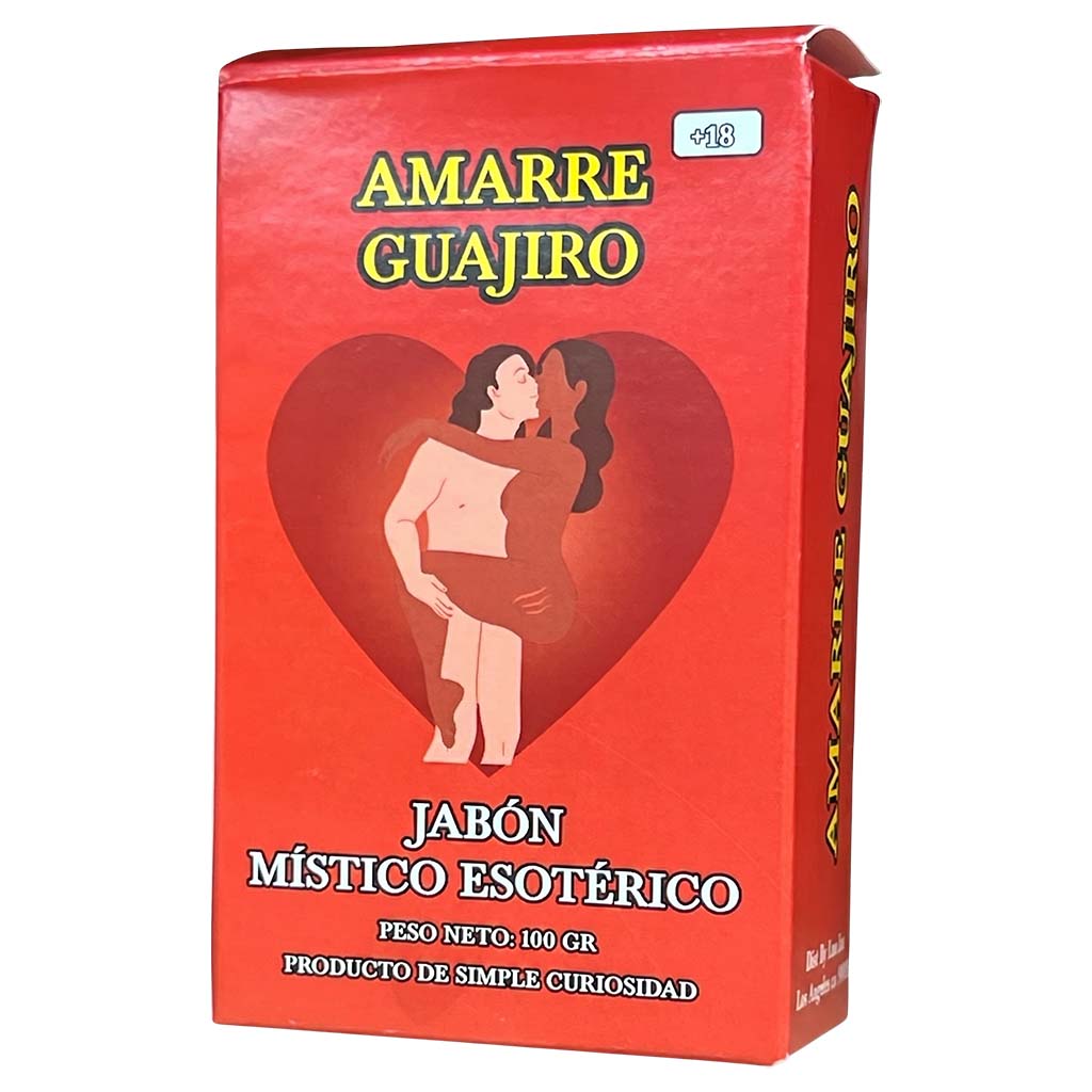 Red box of Amarre Guajiro with a heart design and two people embracing, on a white background.