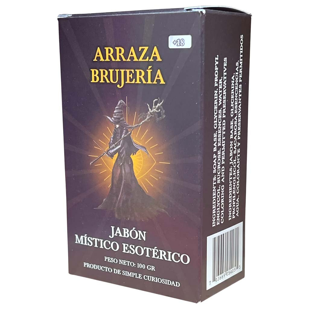 Box of 'Arraza Brujeria' mystical esoteric soap with an illustration on a white background