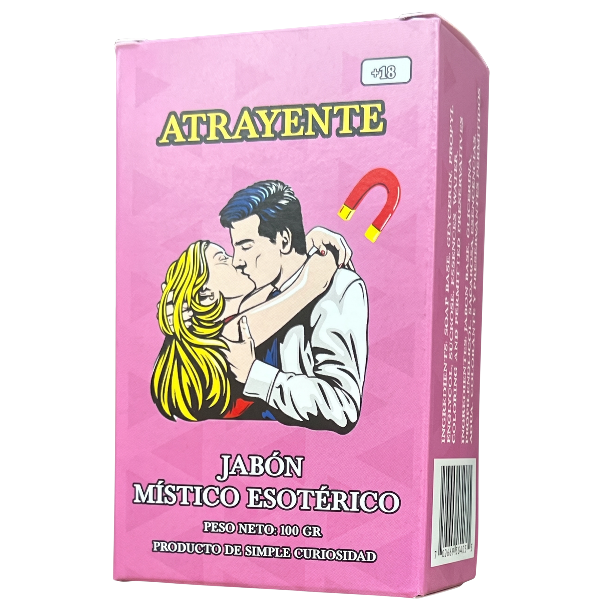 Pink box of 'Atrayente' mystical esoteric soap with a romantic illustration on a white background.
