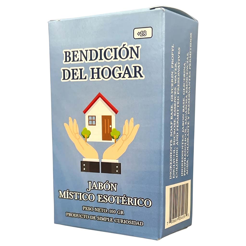 Box of 'Bendicion del Hogar' with hands holding a house illustration on a blue background