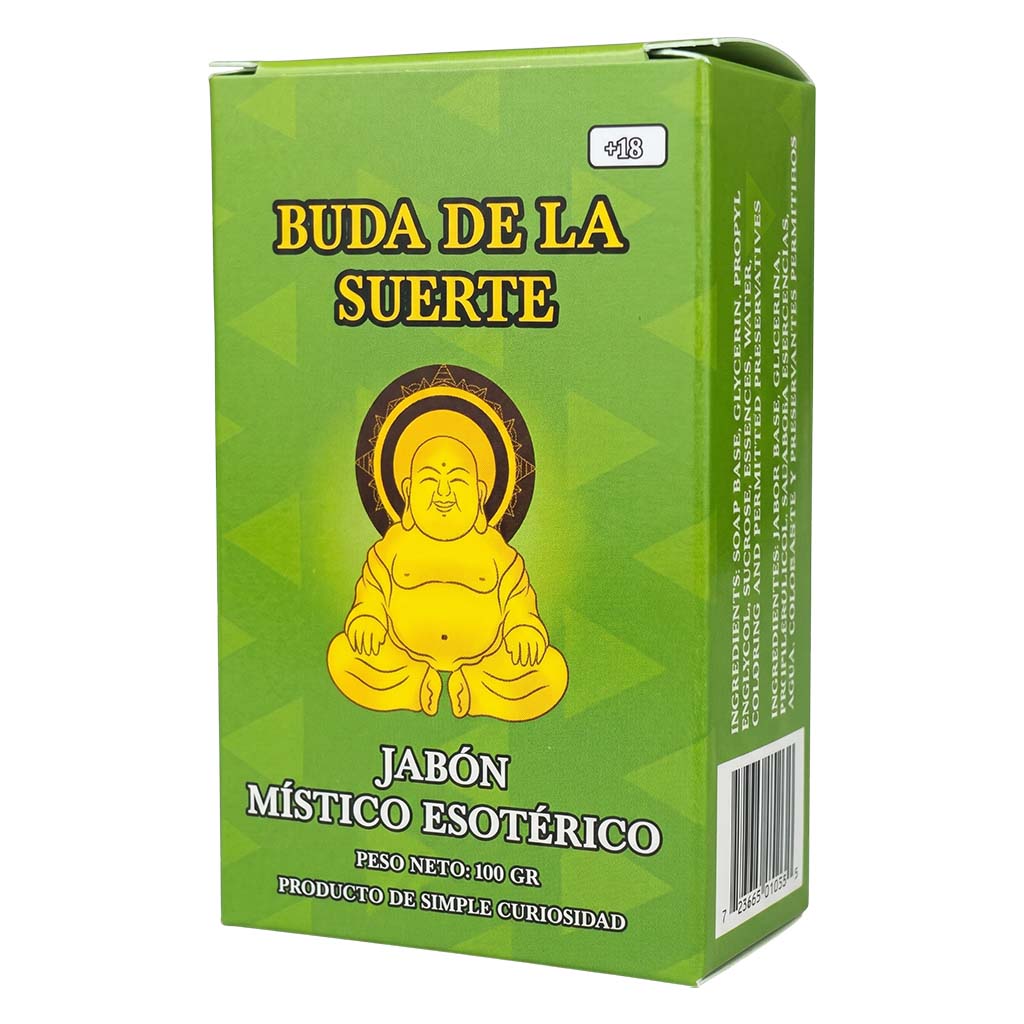 Green packaging of 'Buda de la Suerte' with a yellow Buddha illustration on a white background