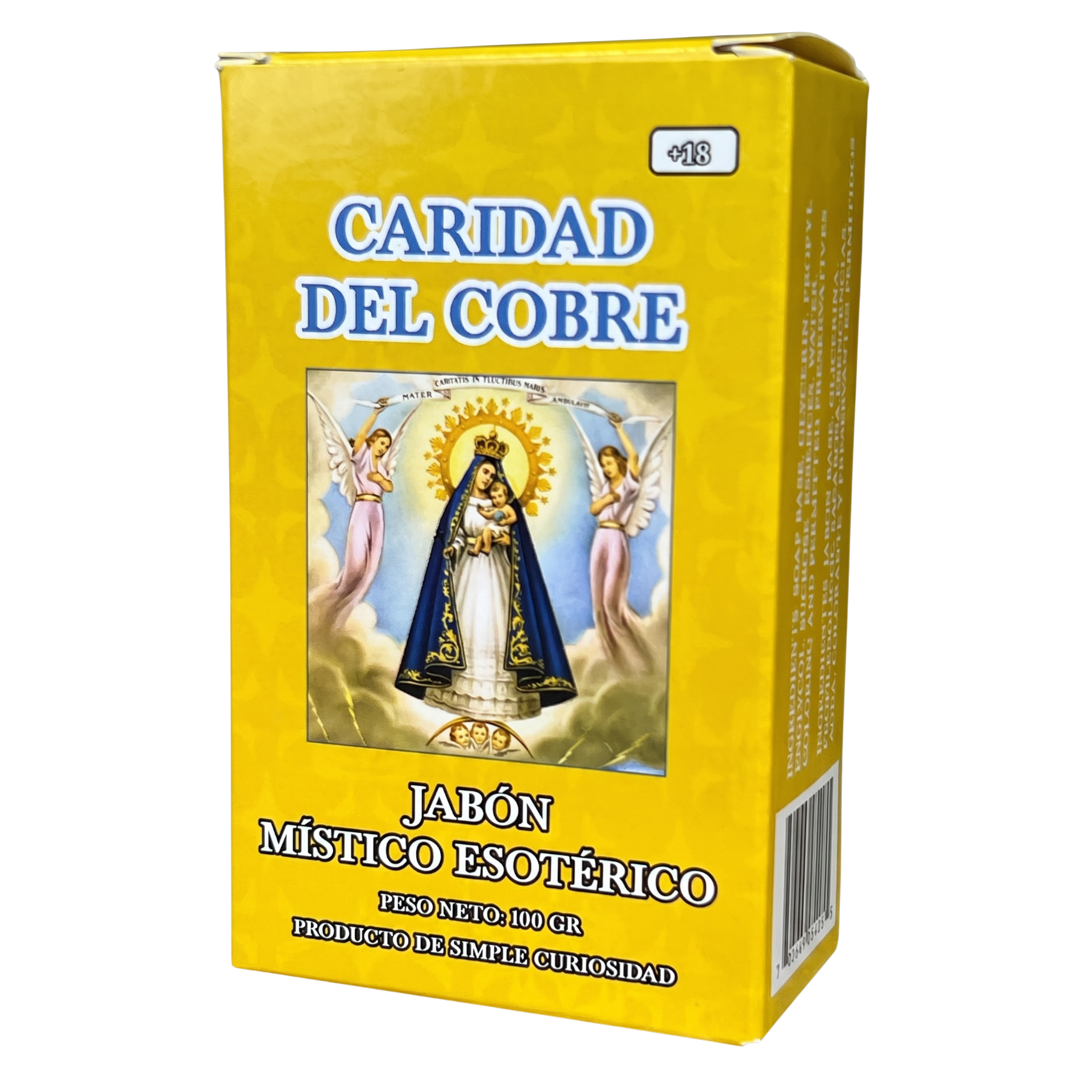 Yellow box of 'Caridad del Cobre' with religious imagery on a white background