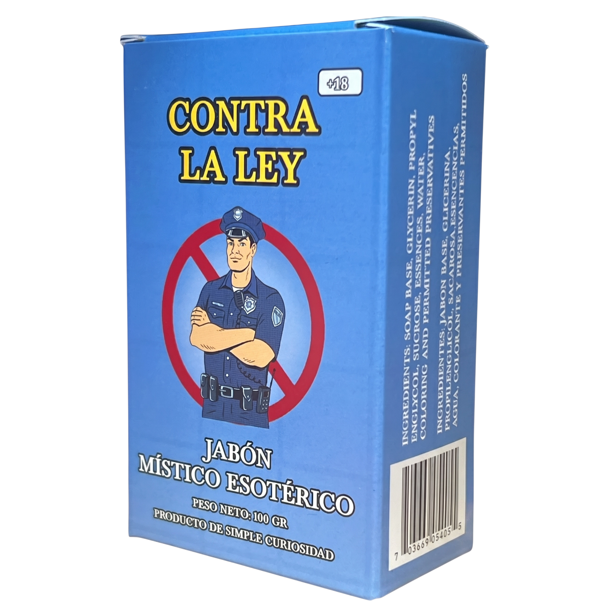 Blue box of 'Contra La Ley' with a police officer illustration on a white background