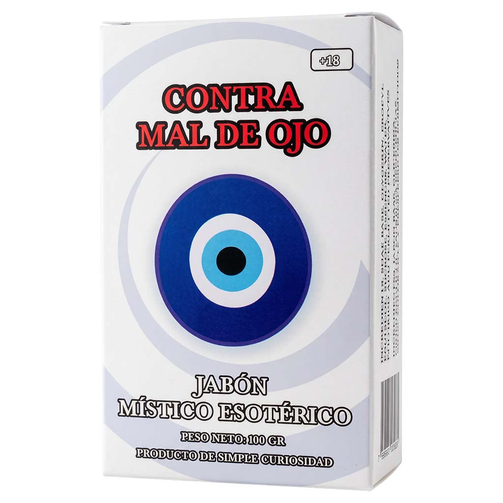 A white rectangular box of 'Contra Mal de Ojo' mystical esoteric soap, featuring a blue, white, and black evil eye design in the center, with red and black text on a clean white background.