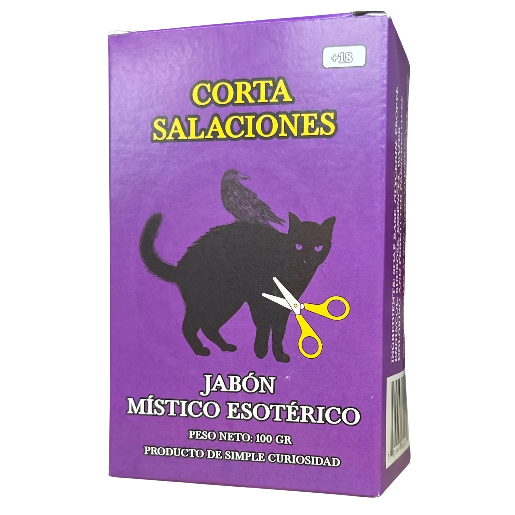Purple box of Corta Salaciones magical soap, featuring a black cat silhouette with a crow on its back and yellow scissors graphic on a white background.