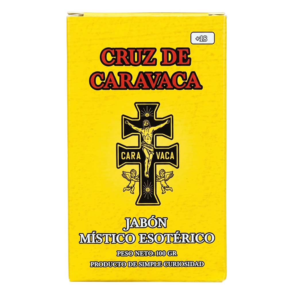 Yellow box of Cruz de Caravaca with a black cross design on a white background