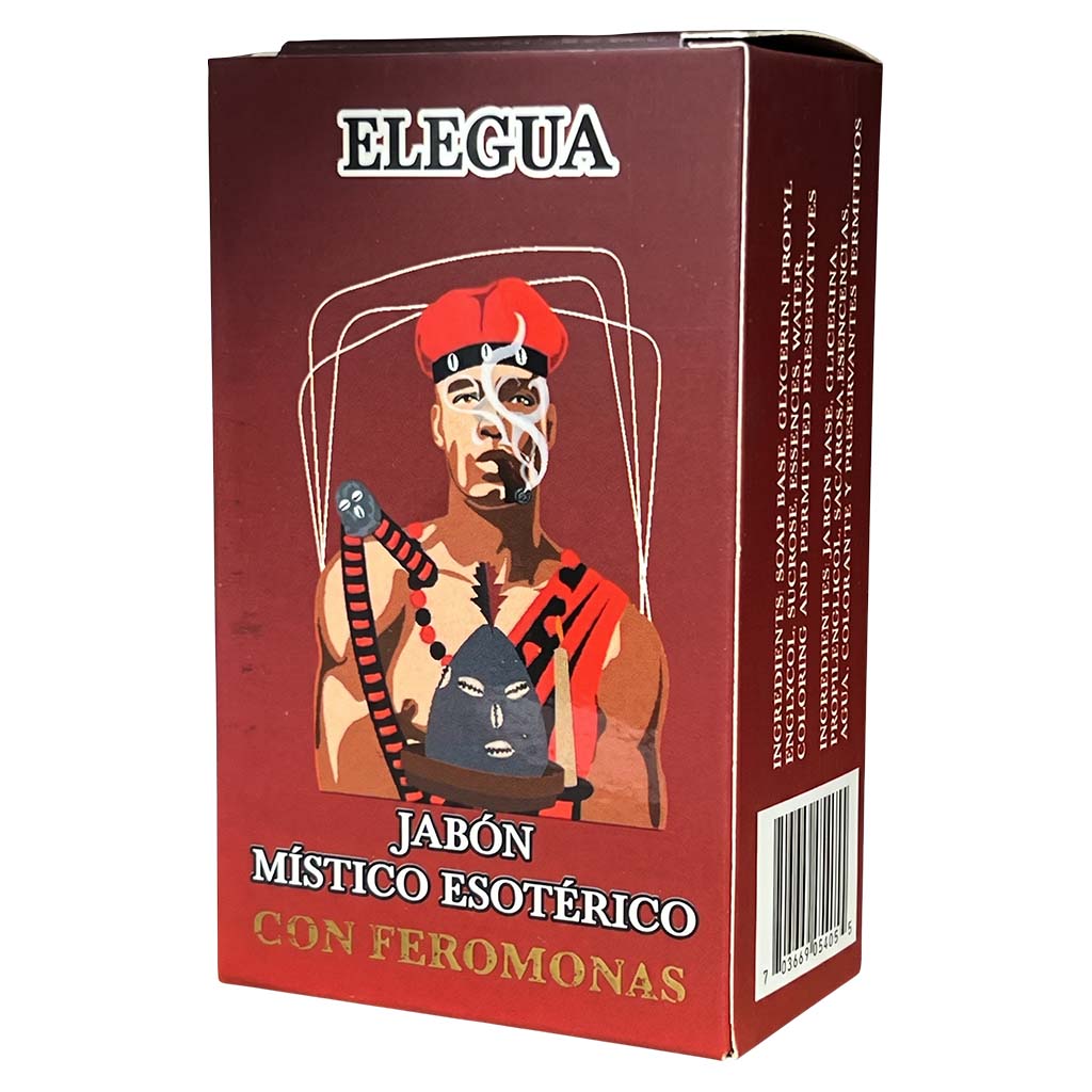 Box of Elegua esoteric soap with a stylized illustration on a white background