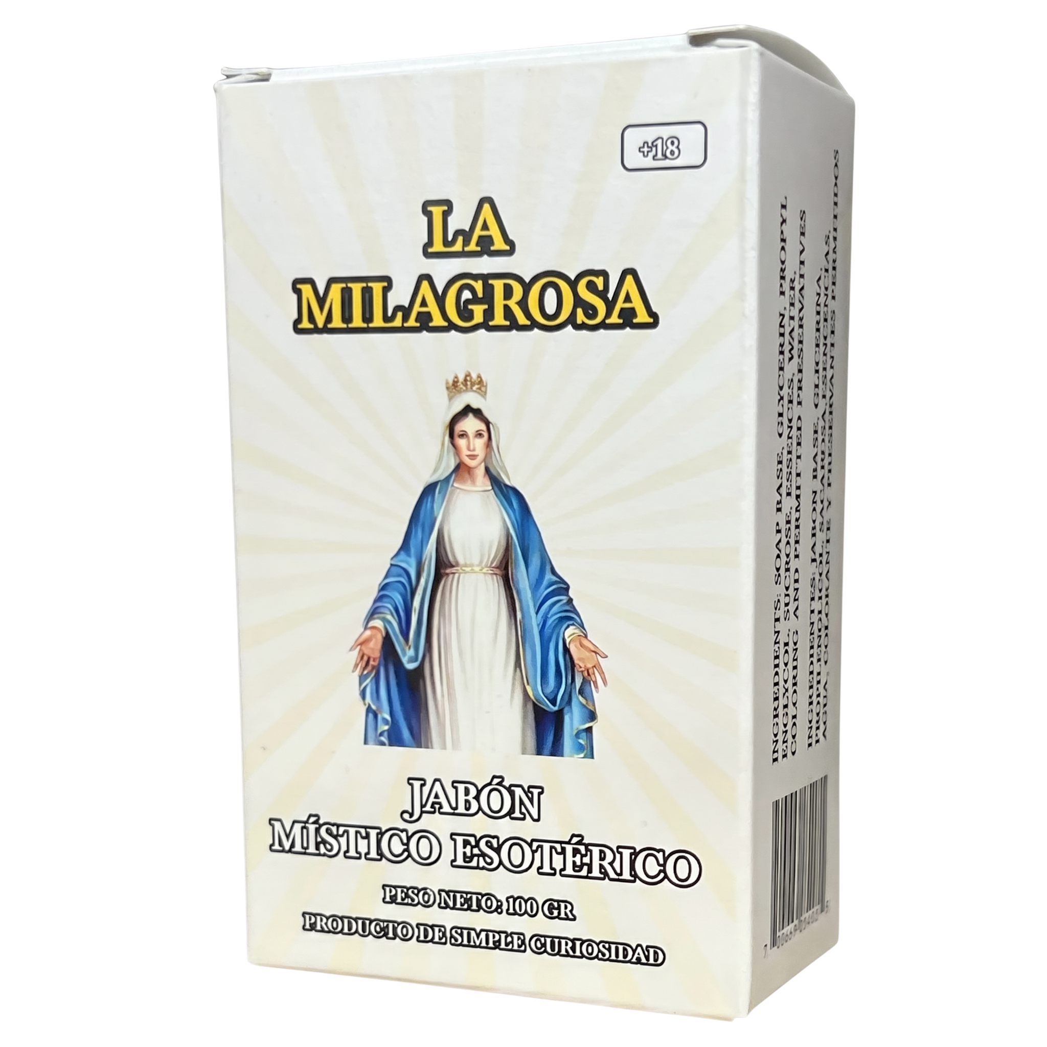 Box of 'La Milagrosa' mystical esoteric soap with a religious figure on the packaging.