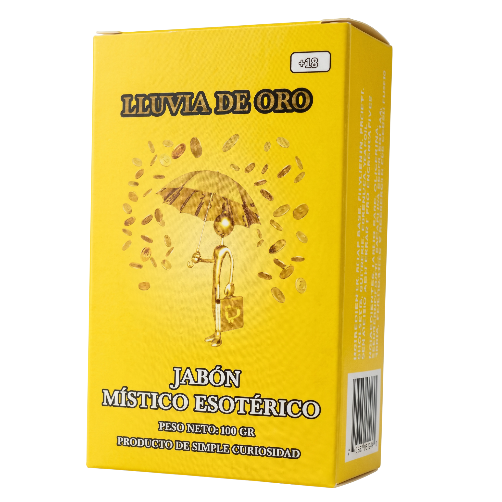 Yellow box with gold accents featuring 'Lluvia de Oro' branding and product description.