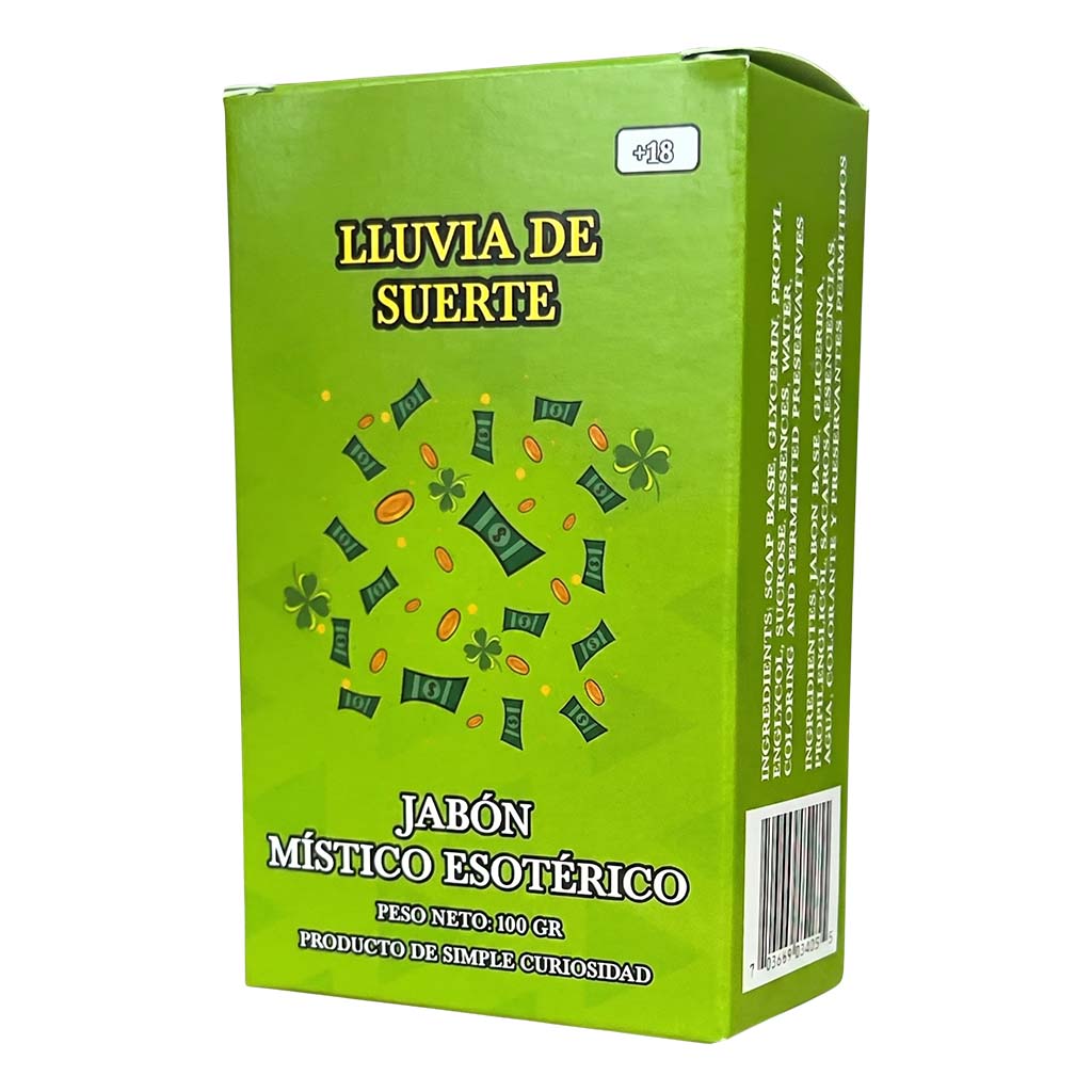 Green box with 'LLuvia de Suerte' text and graphic on a white background