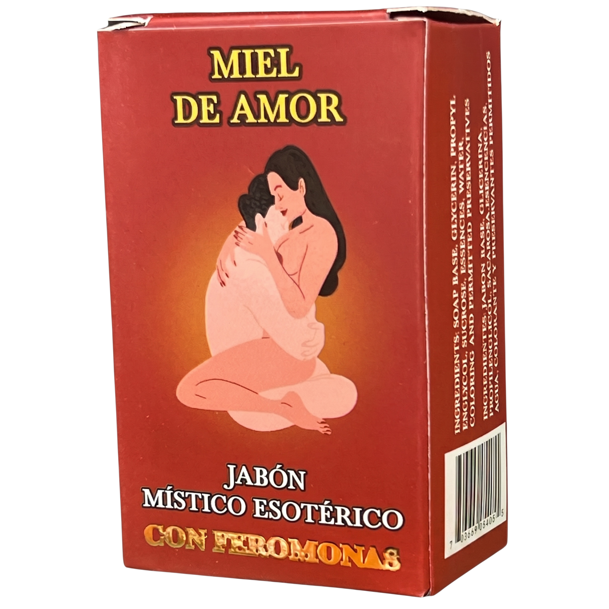 Box of 'Miel de Amor' soap with a stylized illustration of two people embracing on a red background.