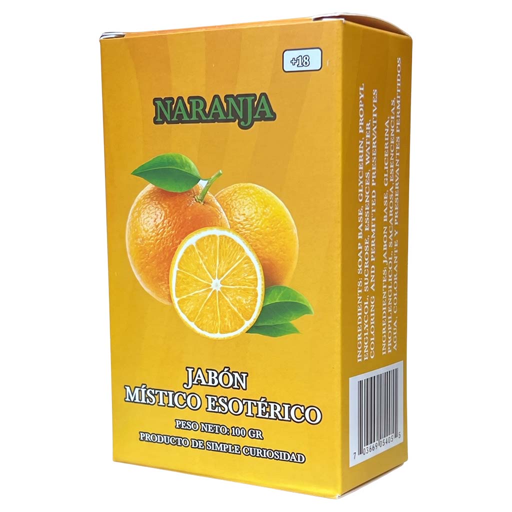 Yellow box of 'Jabón Mástico Esotérico' with oranges on a white background