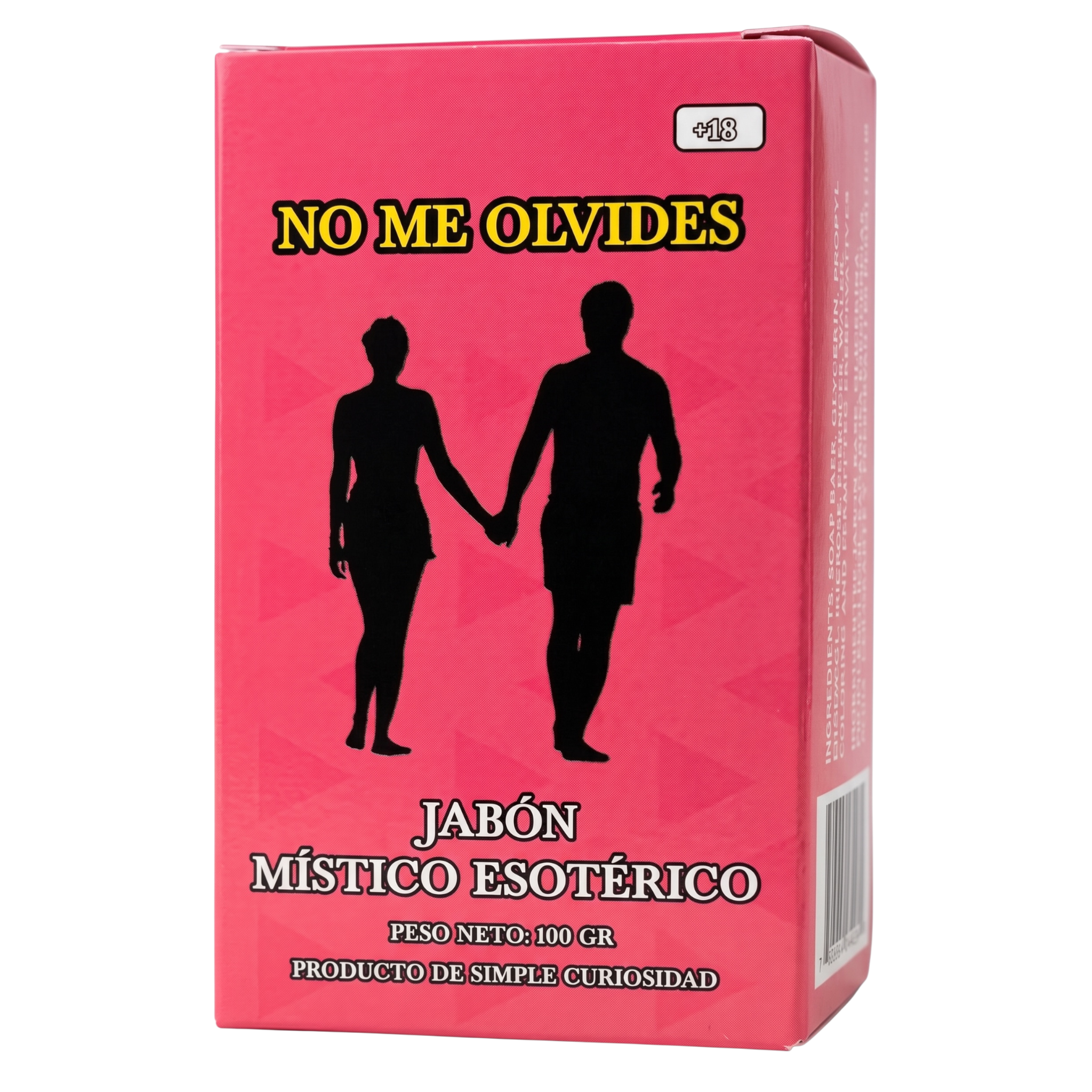 Pink soap packaging with silhouettes of a man and woman holding hands and text on a white background