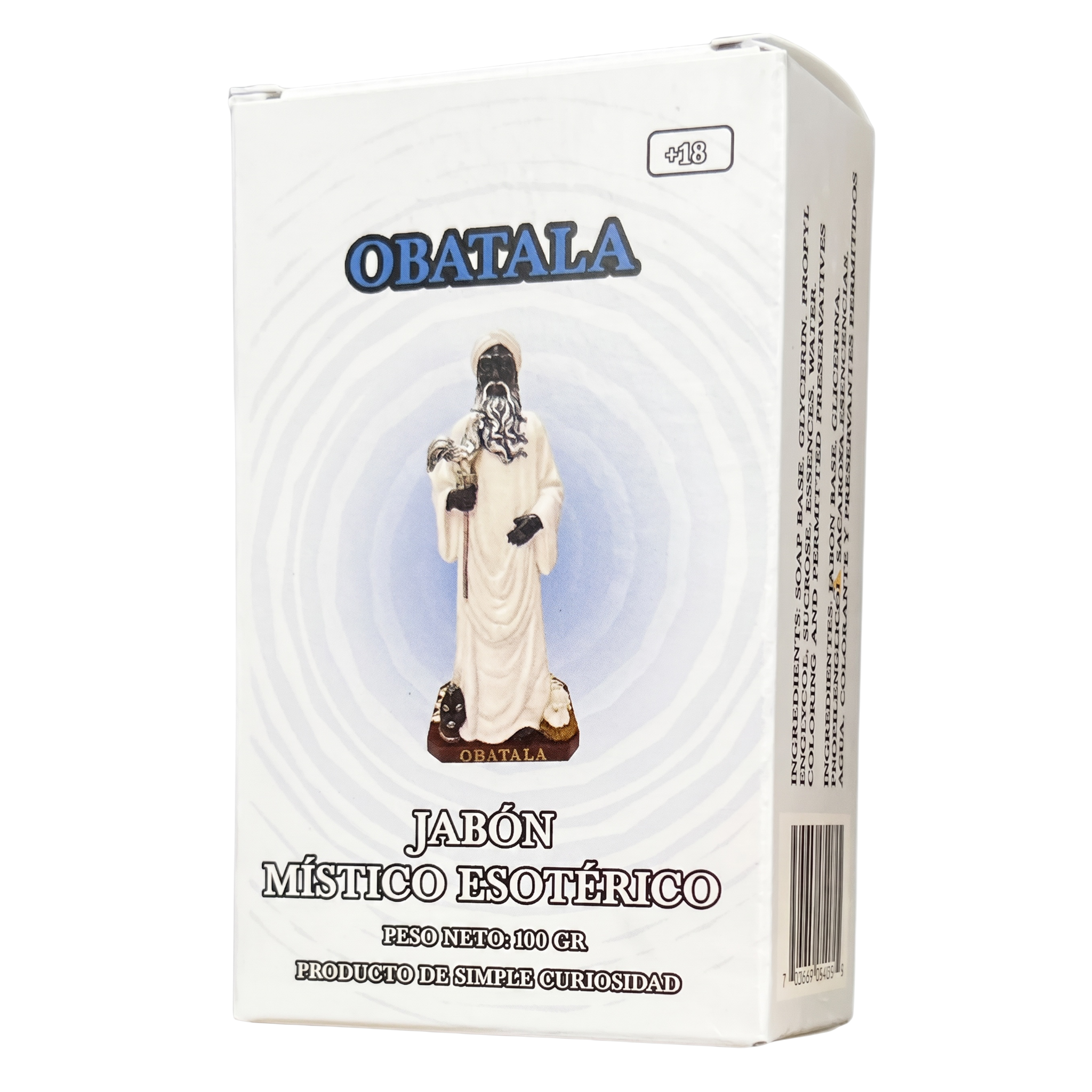 Box of OBATALA mystical esoteric soap with a figurine on a white background