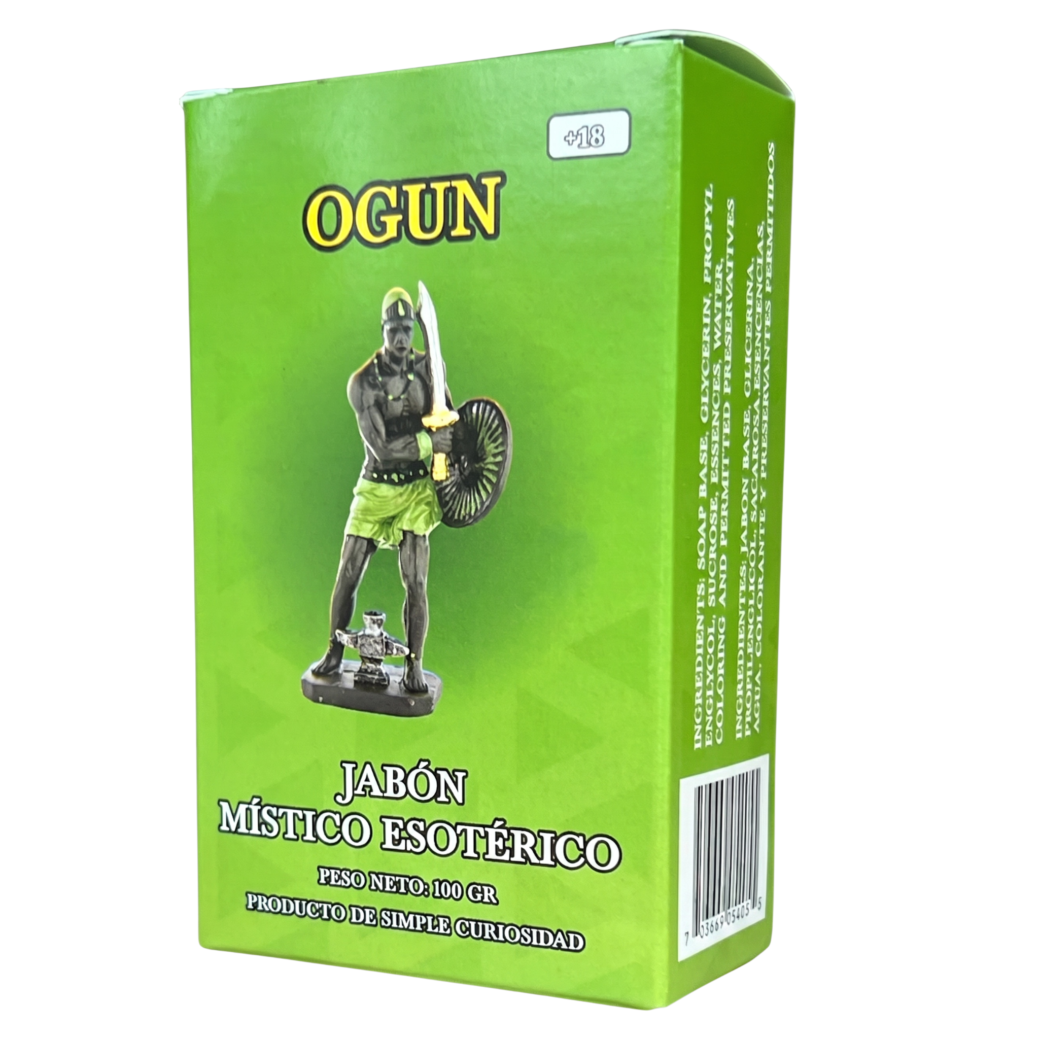 Green packaging of 'Ogun' with a figure on a white background