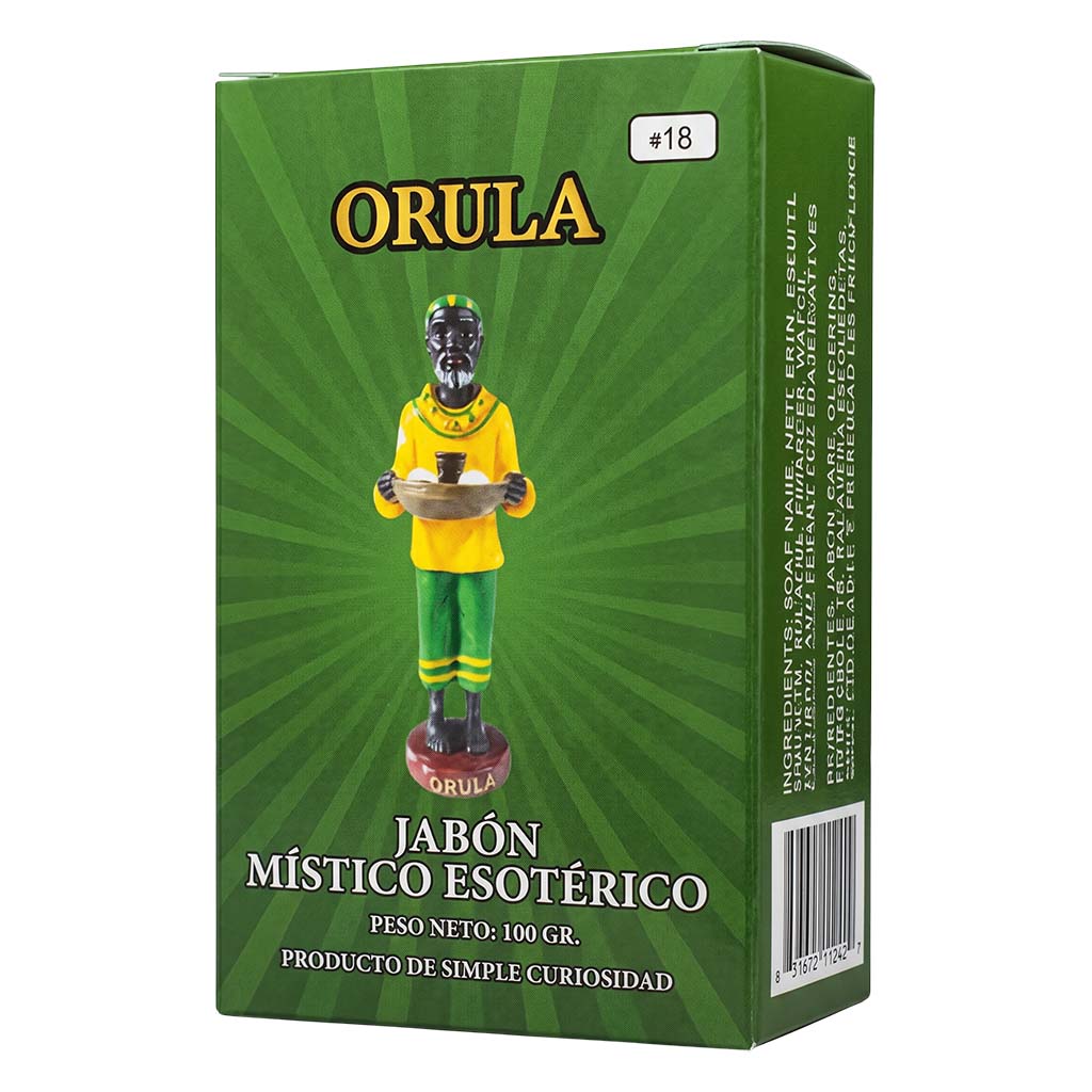 Orula mystical esoteric soap packaging with a green background