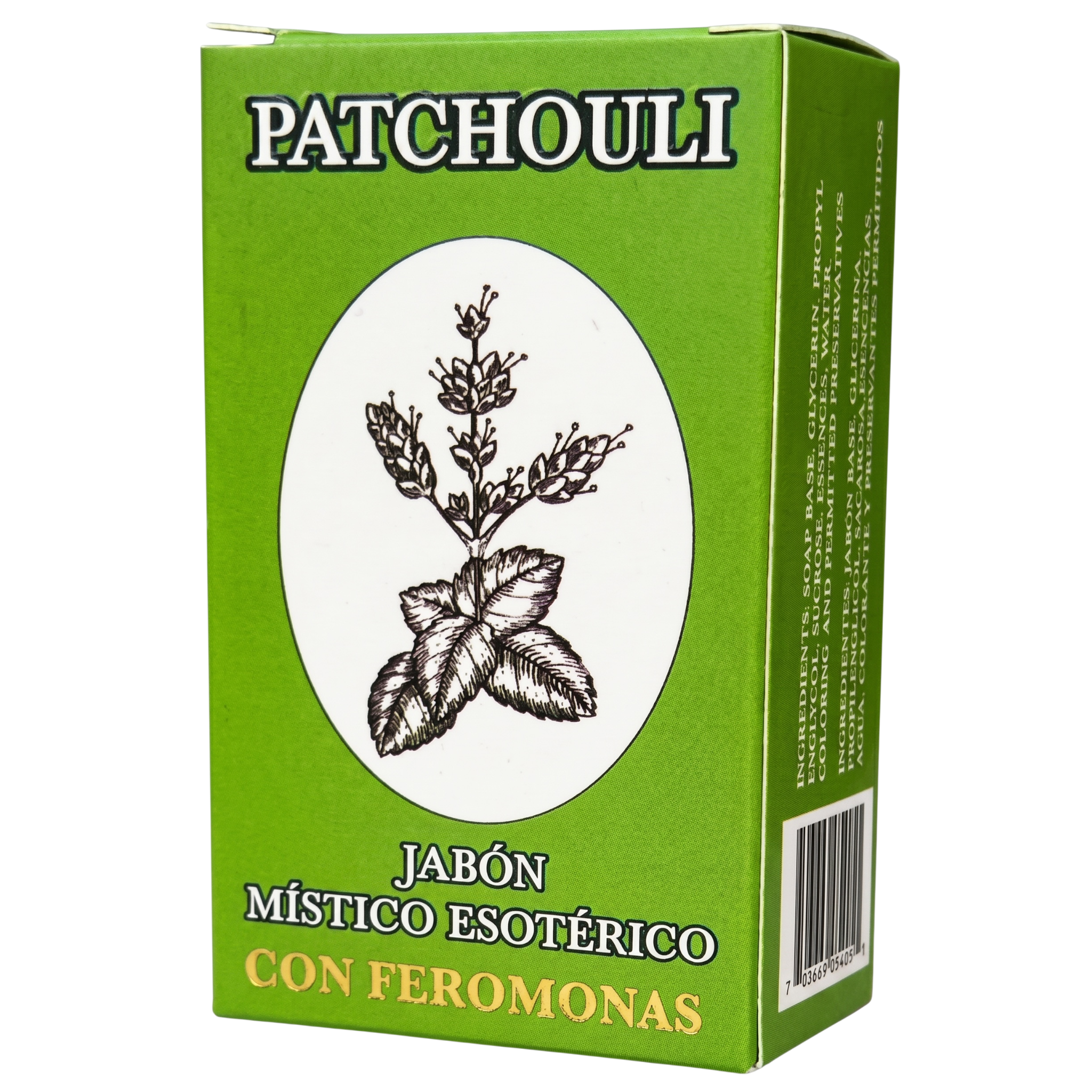 A green rectangular box of Patchouli Méstico Esotérico con Feromonas, featuring a white oval with a black botanical illustration of the patchouli plant.
