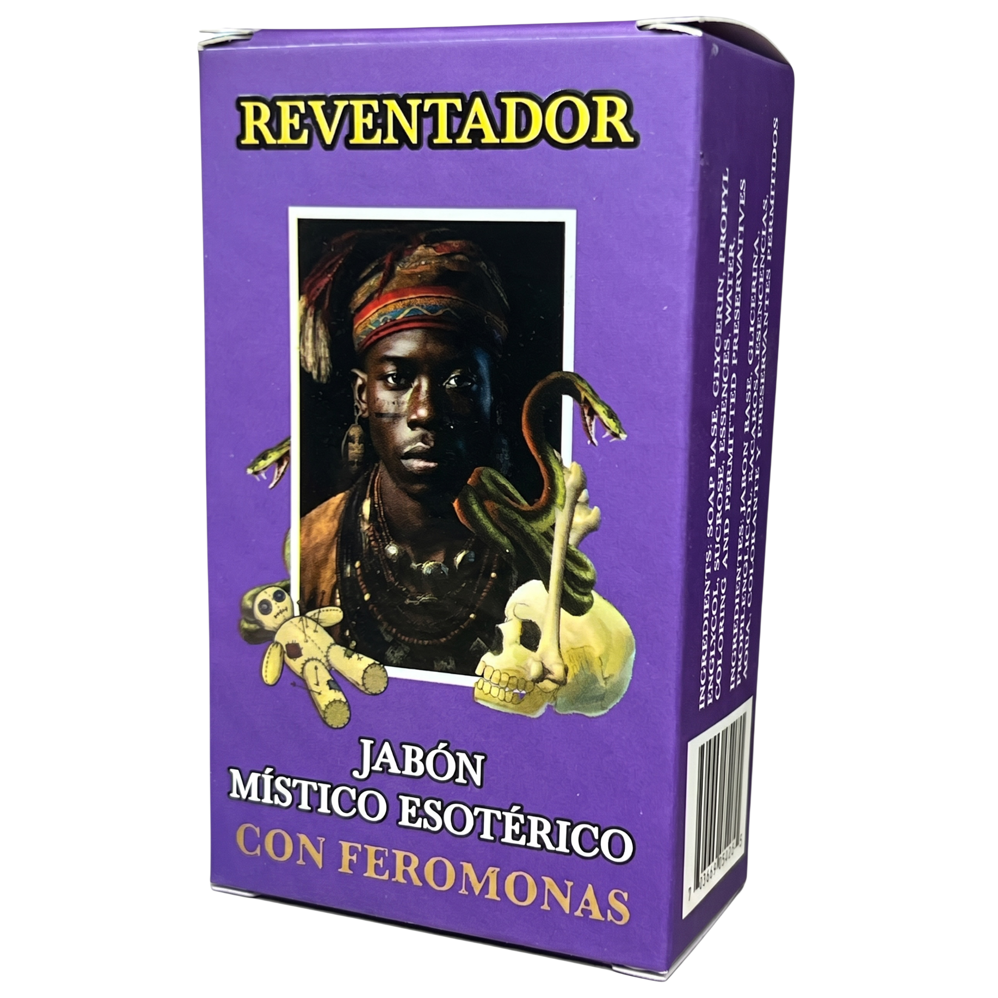 Purple box of Reventador with a mystical design and text
