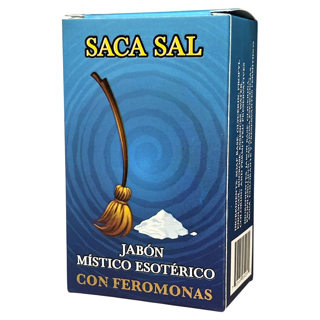 Box of 'Saca Sal' with a broom and salt illustration on a blue background