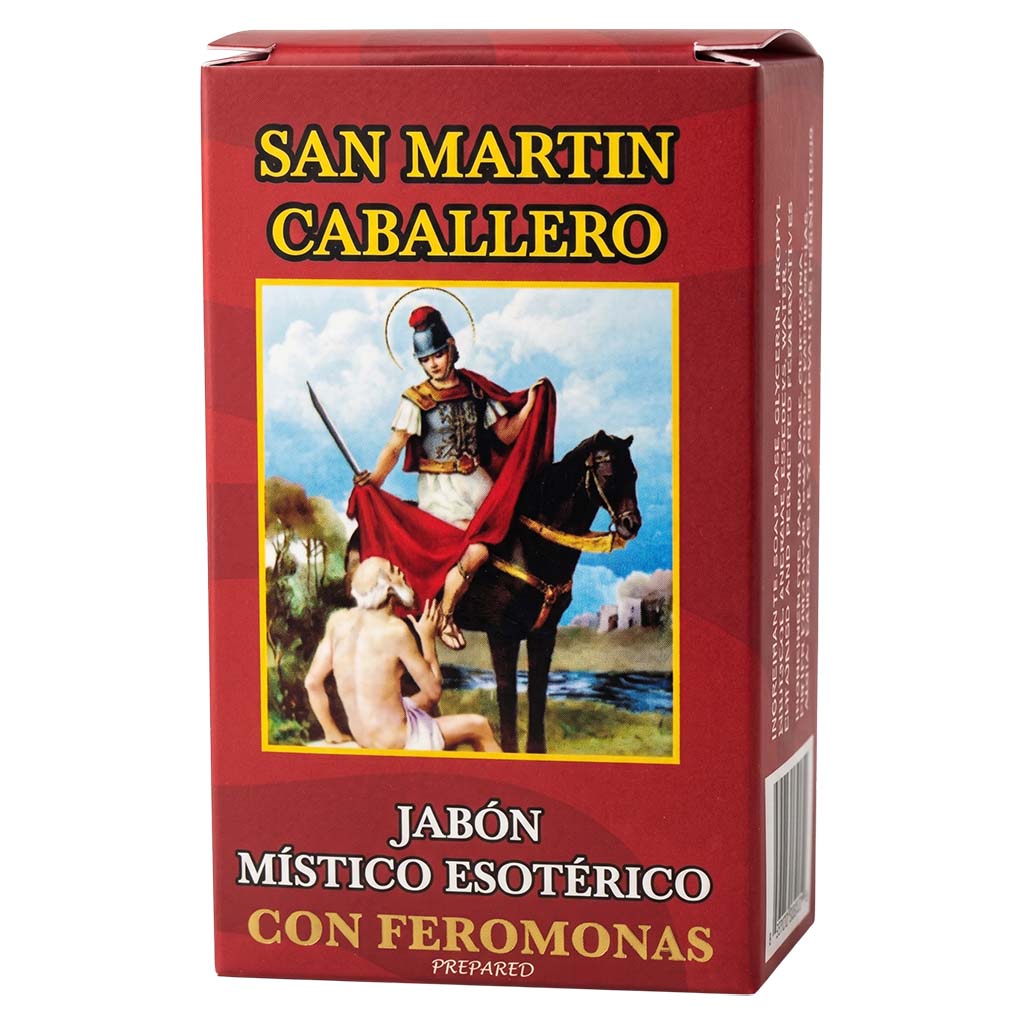 Box of San Martin Caballero soap with a religious figure on horseback illustration.
